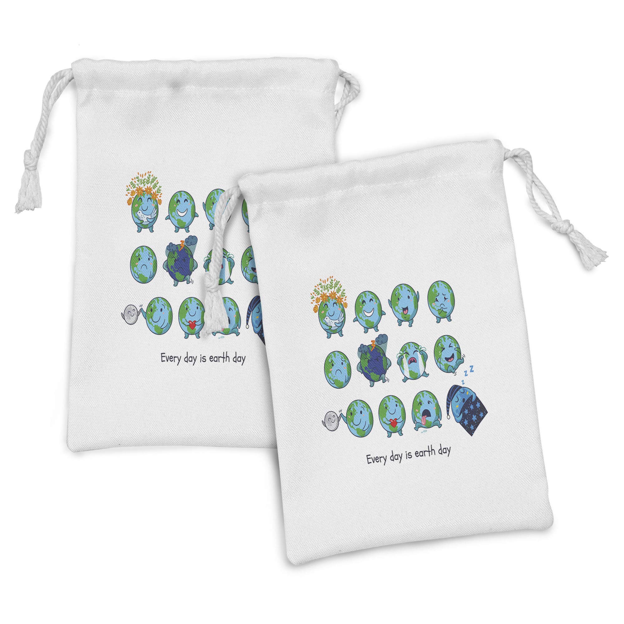 Ambesonne 2-Pack Emoticon Fabric Drawstring Pouches - Planet Earth Happy Sad Angry Cheerful Faces Print, 9