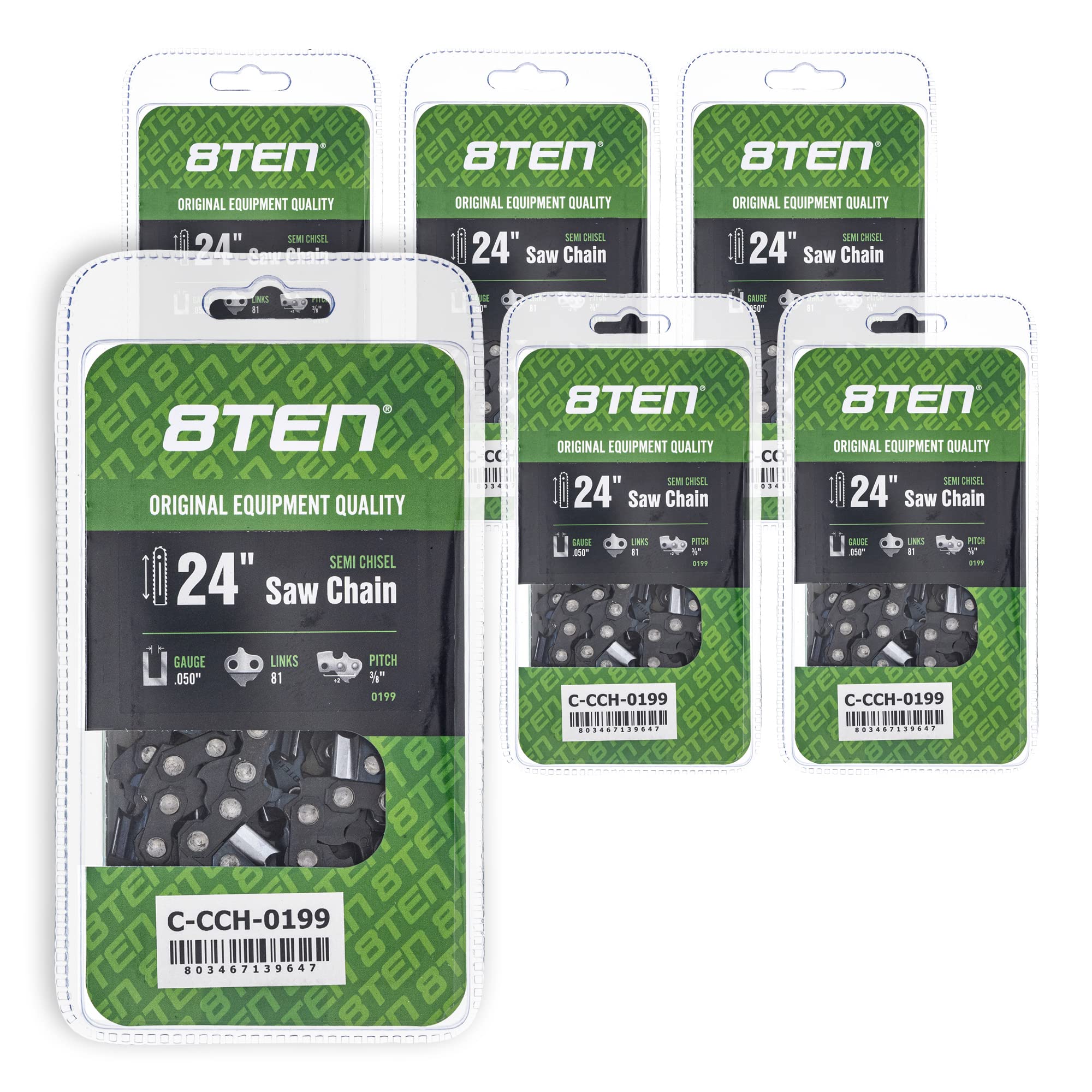 8TEN Semi Chisel Chainsaw Chain 24 Inch .050 Gauge 3/8 Pitch 81DL - Compatible with Echo CS-600P, Jonsered 2260, Craftsman Pro-55 (6 Pack) - Ideal for Professional Logging, Tree Felling & Firewood Cutting