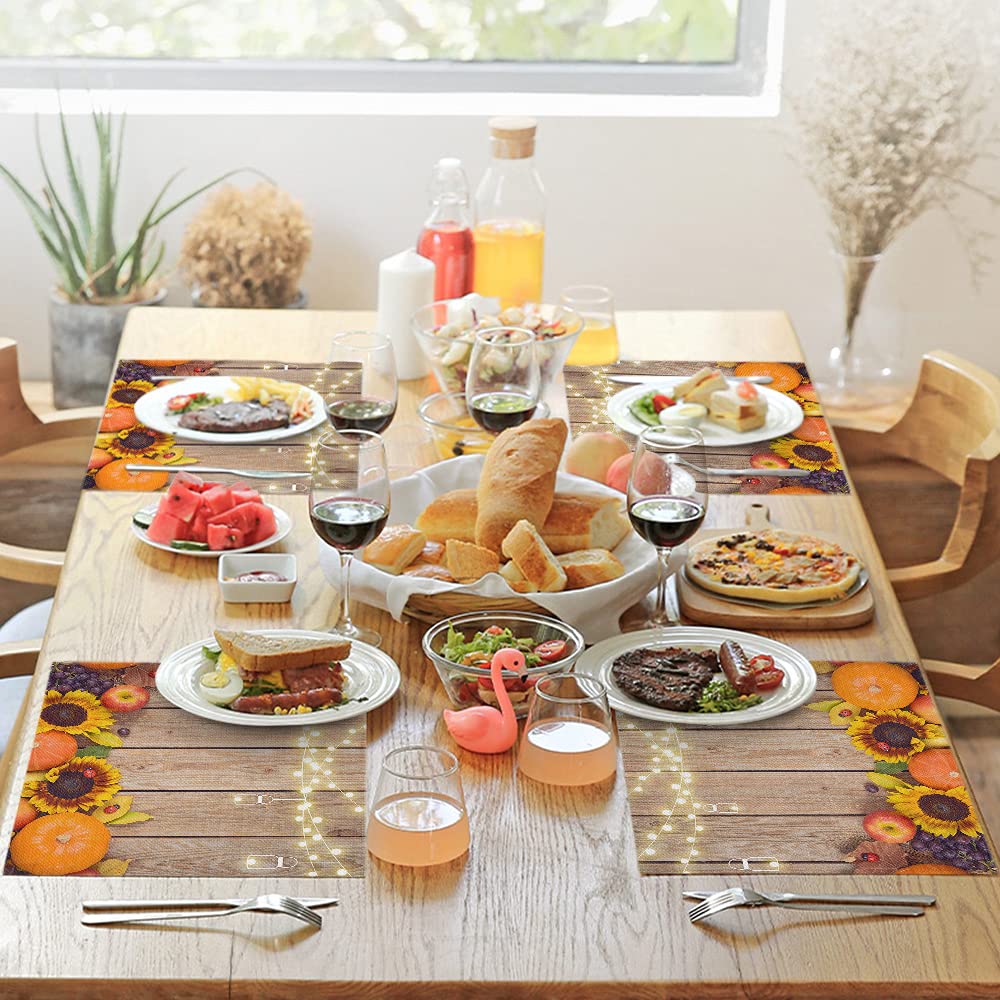 WONDERTIFY Heat-Resistant Pumpkin Placemats Set of 4 - Autumn Harvest Design with Apples & Sunflowers - 12x18 Inch Wooden Table Mats - Stain & Heat Proof for Thanksgiving, Fall Dining Decor