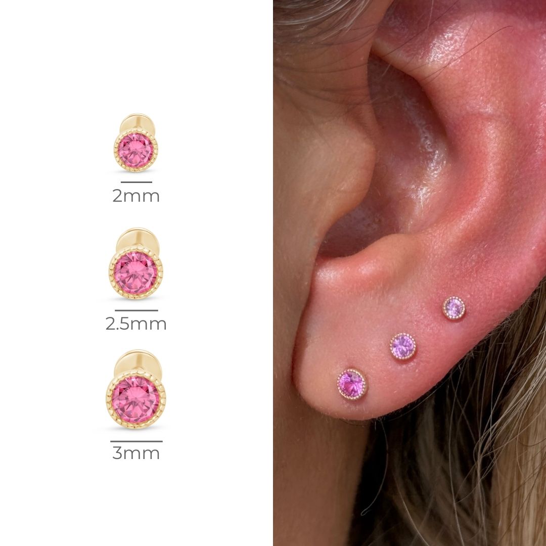14k Solid Yellow Gold Pink Milgrain Flat Back Stud Earrings for Women – Perfect for Everyday Wear, Gifts & Special Occasions
