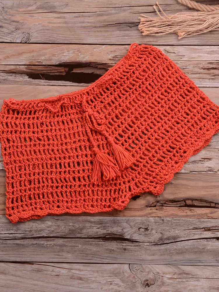 Crochet Hollow Out Tassel Beach Cover Up - Sexy Women's Mini Top Bikini Swimwear Bathing Suit Cover Up for Summer Vacation, Pool Party & Beach Day
