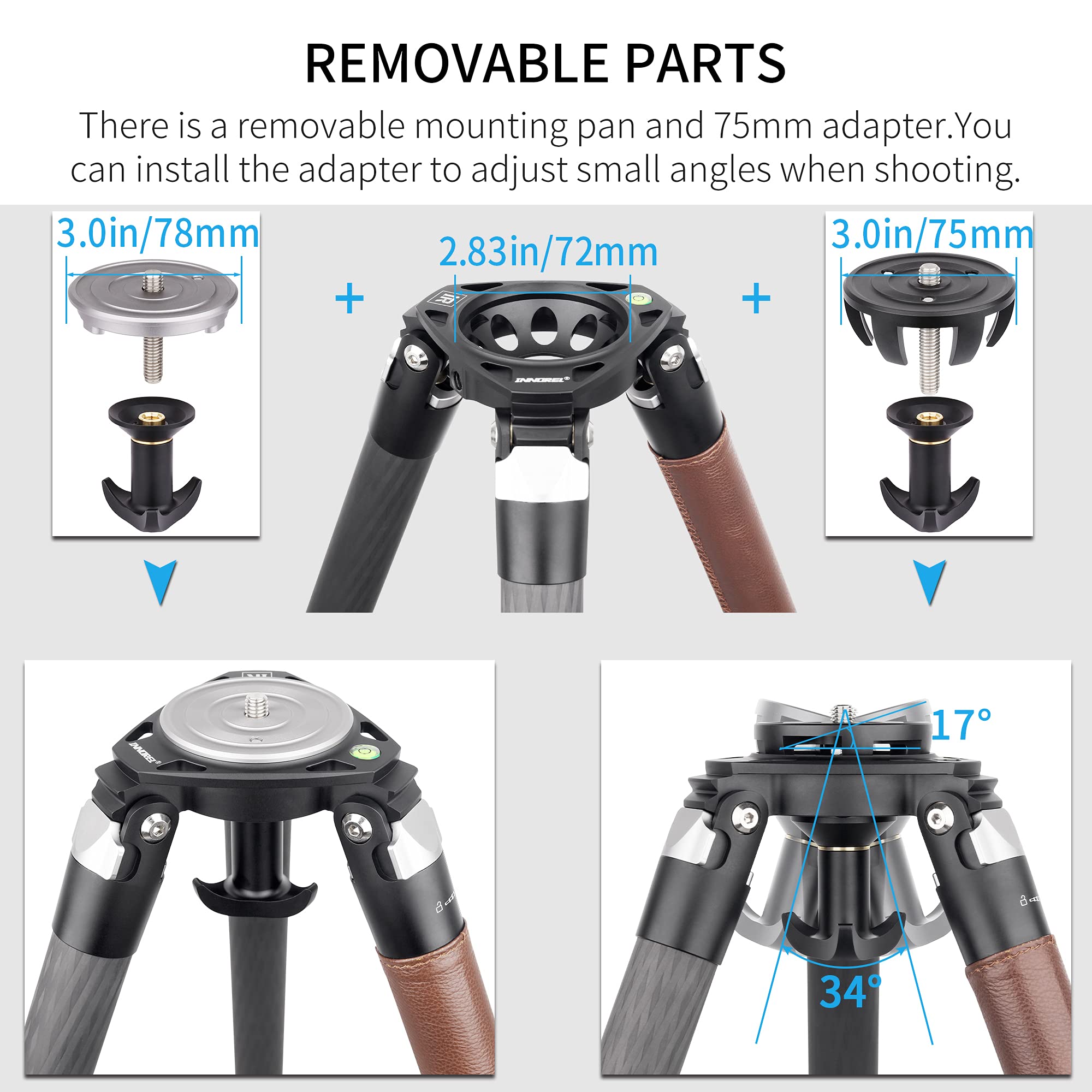 INNOREL ST344C Professional Carbon Fiber Tripod - Heavy Duty Camera Stand with 75mm Bowl Adapter, 34.4mm Tube Legs, 77.2 lbs Load Capacity (35kg), 63