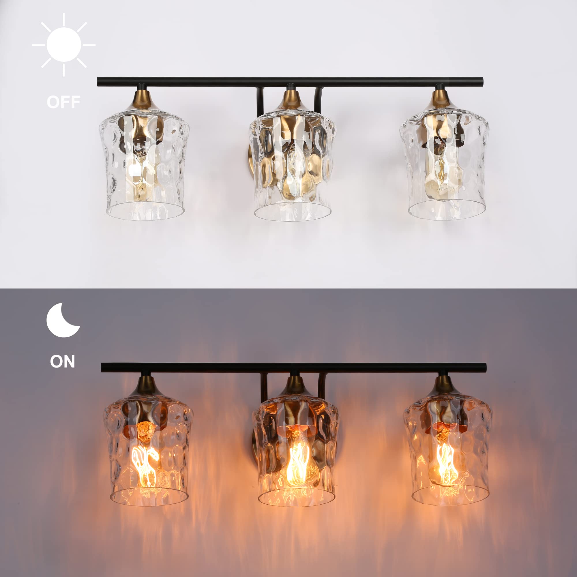 Durent Lighting Bathroom Vanity Light Fixtures - Black & Brass 3-Light Bathroom Sconce with Water Ripple Glass & Electroplated Finish for Modern Bathroom Decor | Perfect for Bathroom Mirror Lighting, Powder Room, and Master Bath Renovation