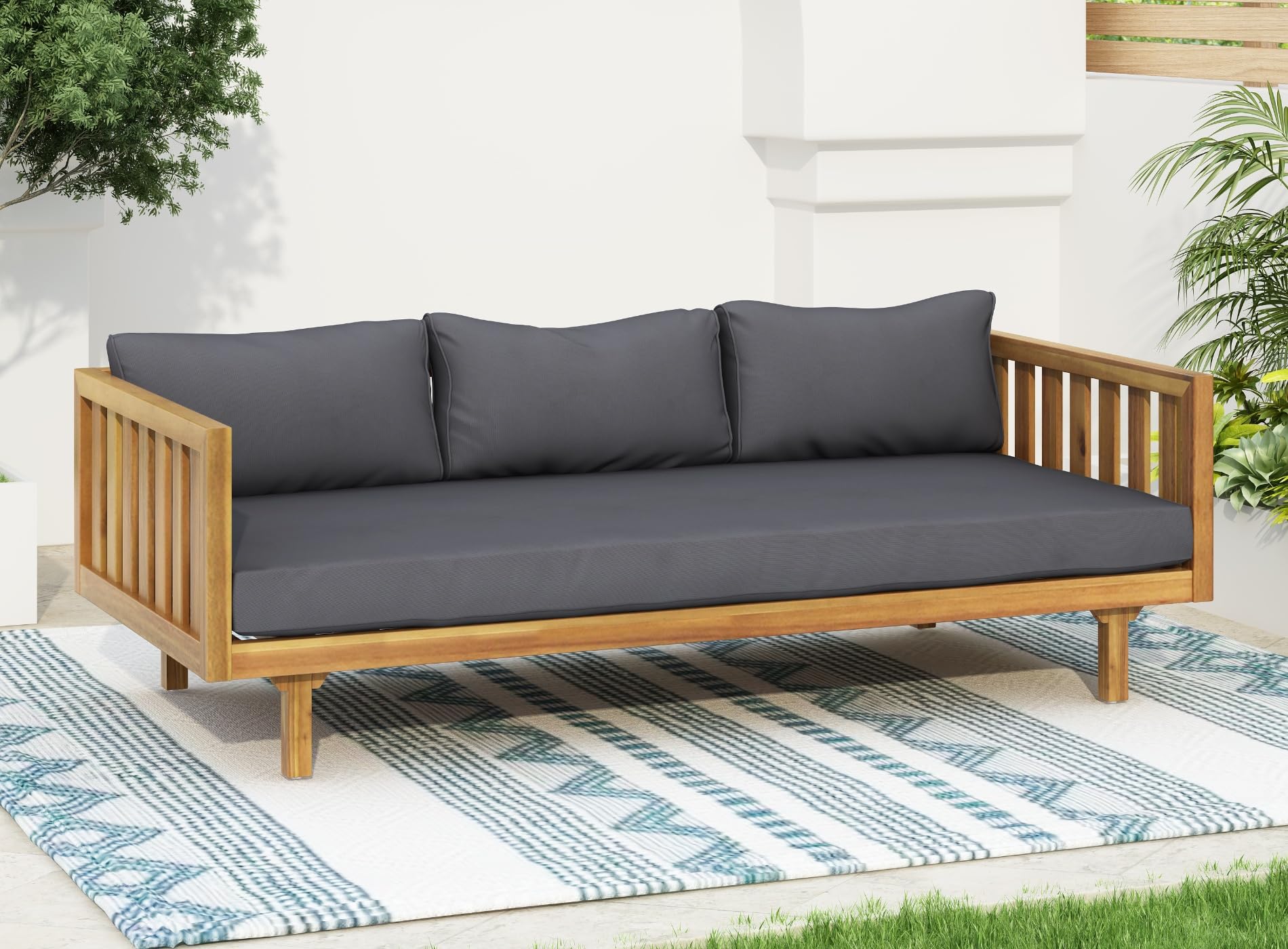 Merax 3-Seater Acacia Wood Outdoor Daybed with Cushions - Patio, Backyard & Garden Furniture - Dark Grey & Brown - Perfect for Lounging, Sunbathing & Relaxing Outdoors