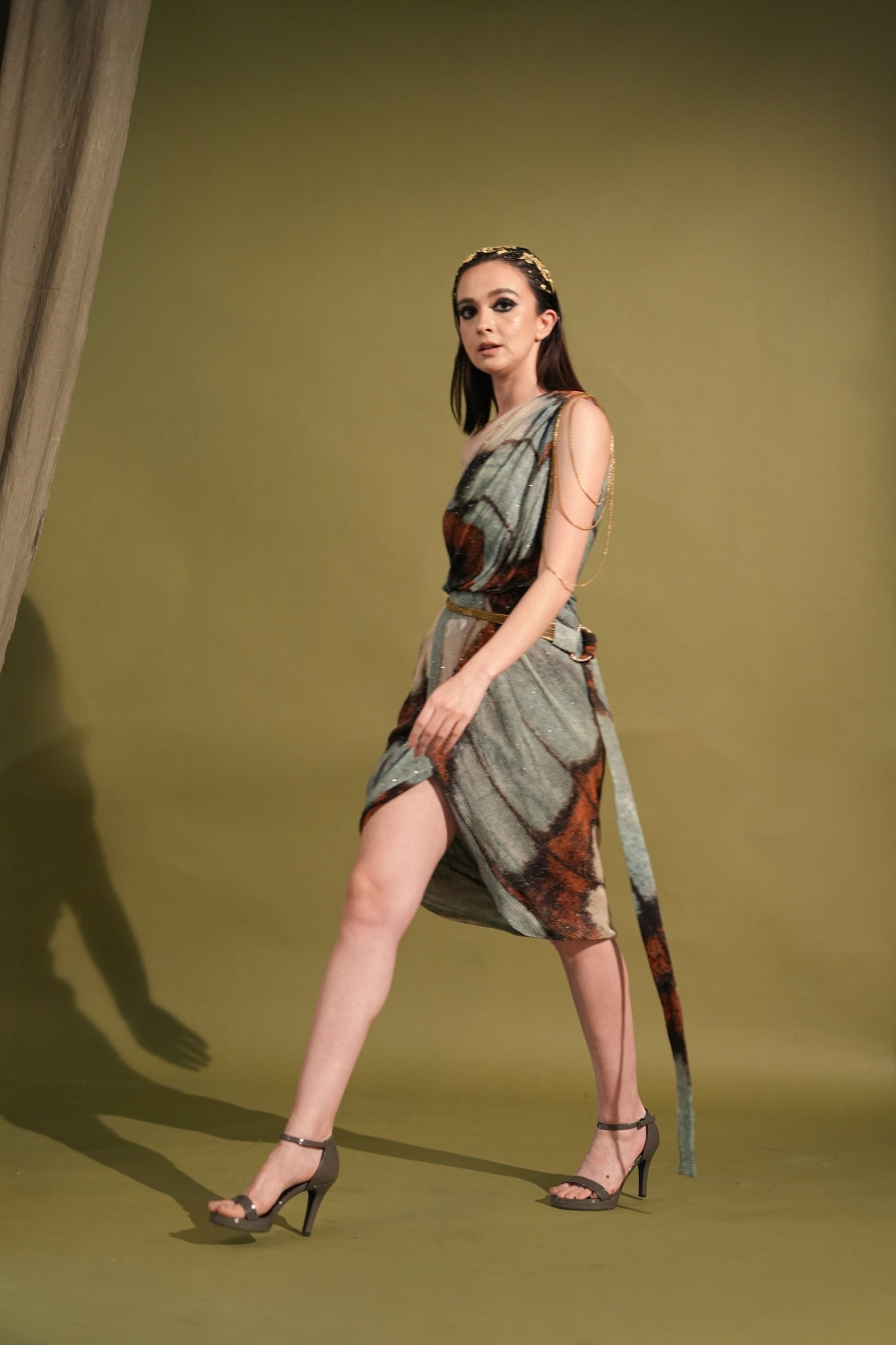 Elegant Powder Blue Butterfly Print One Shoulder Dress with Adjustable Belt - Perfect for Summer Weddings, Beach Parties & Cocktail Events