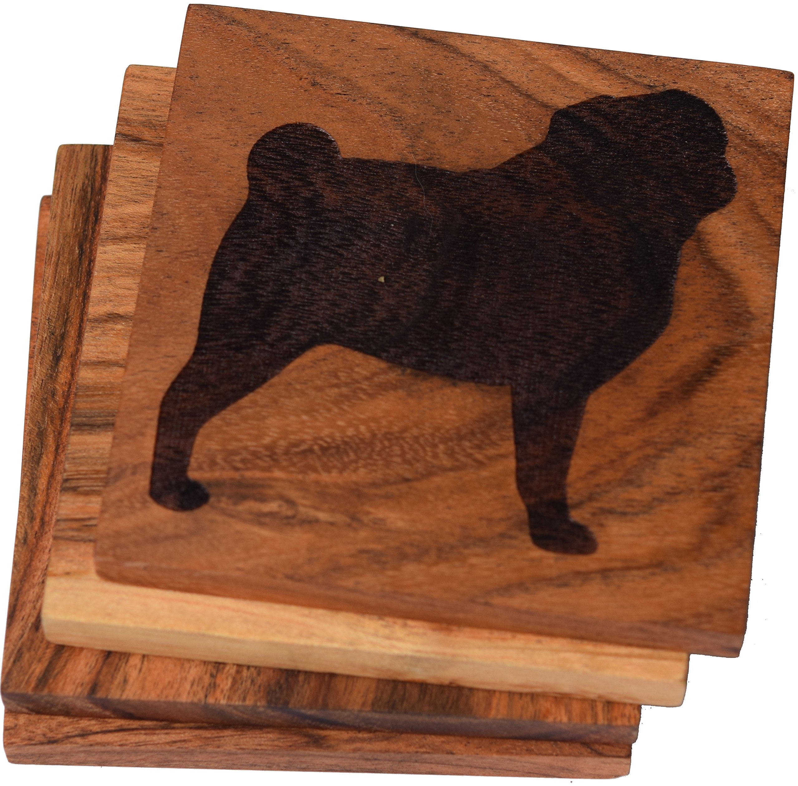 Pug Dog Coasters Set of 4 - Engraved Acacia Wood Drink Coasters for Dog Lovers - Unique Pug Gifts & Dog Decor (10+ Breeds Available) - Perfect for Coffee Tables, Home Bars & Dog Themed Parties