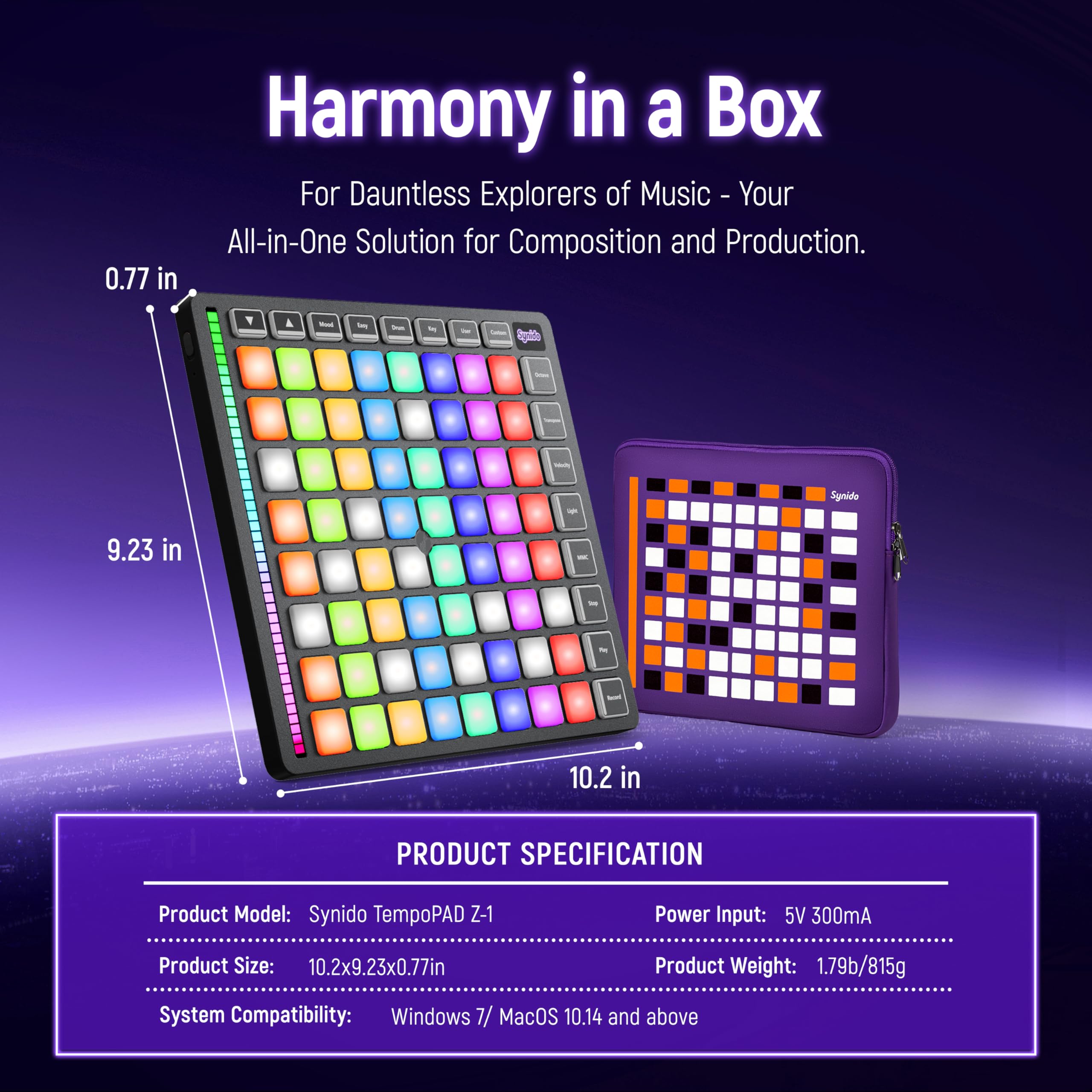 TempoPAD Z-1 MIDI Controller - 64 Velocity Sensitive RGB Pads Beat Maker Machine with 8x8 Backlit Grid | Portable Music Production Equipment for Beginners | Perfect for Live Performances & Studio Recording