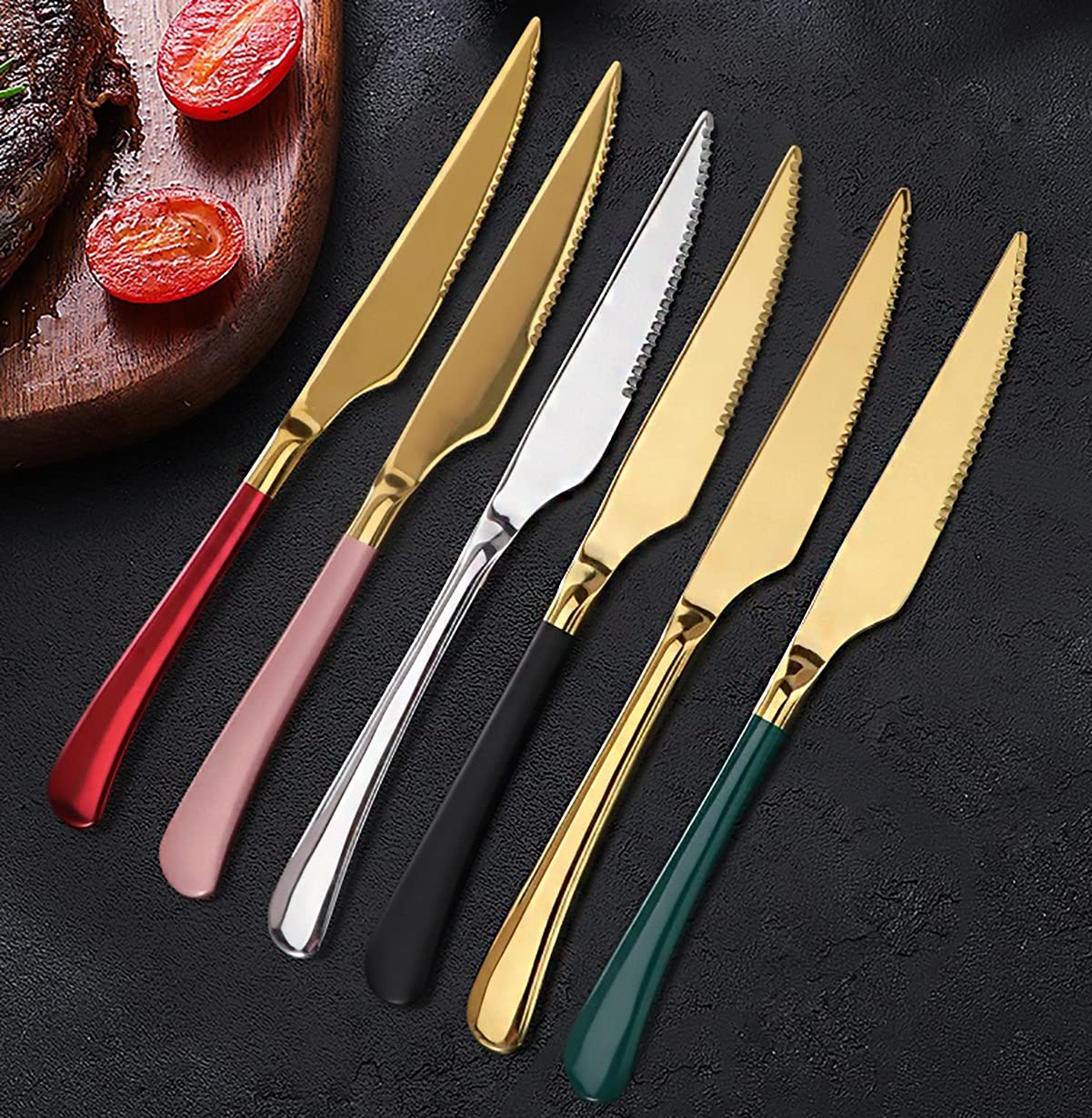 Premium 6-Piece Steak Knife Set - Stainless Steel Serrated Blades, Ergonomic Handles for Effortless Cutting - Ideal for Restaurants, BBQs, Dinner Parties & Home Kitchen Use (Red Gold)