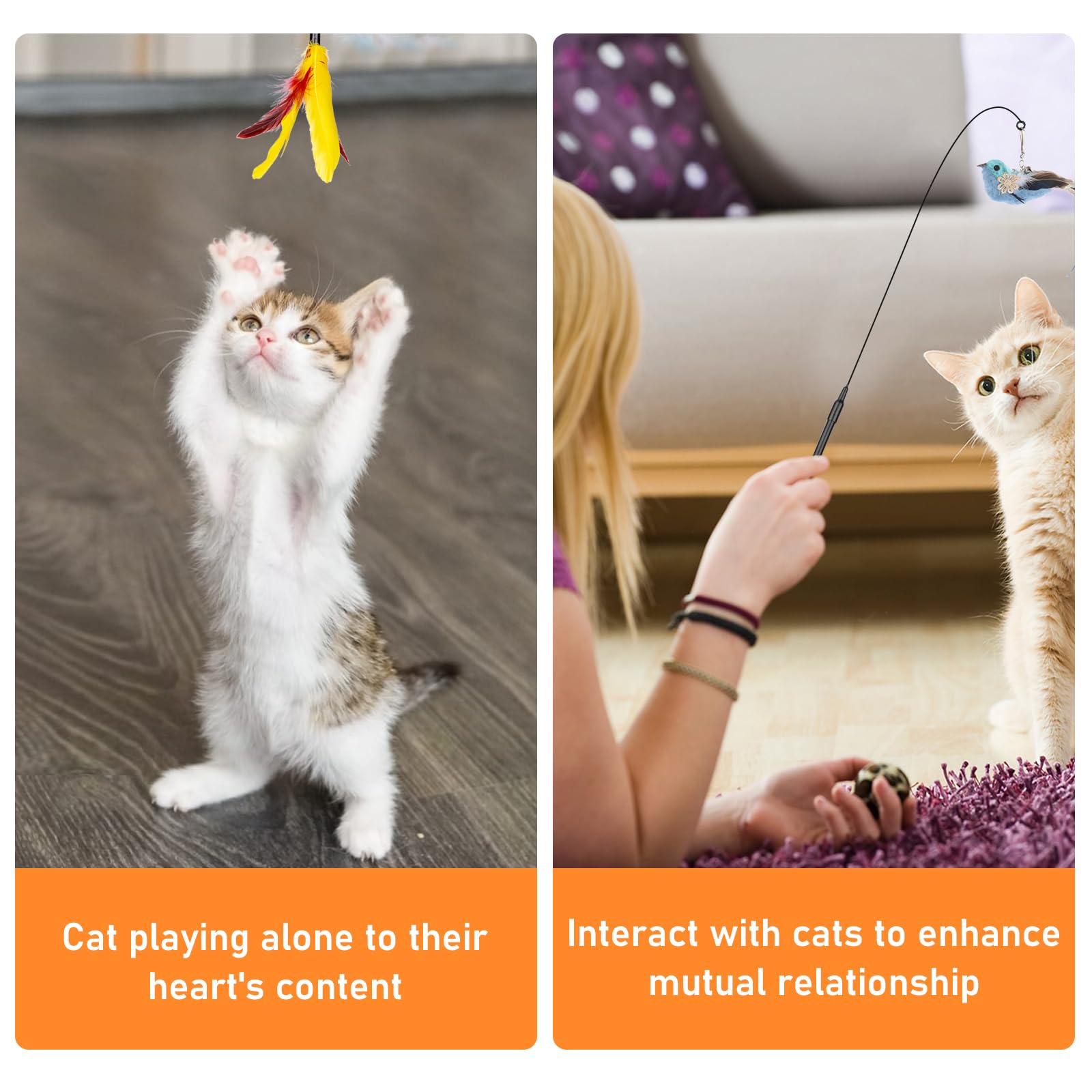 10PCS Interactive Cat Feather Toys with Super Suction Cup - Includes 2 Detachable Wand Toys & 6 Replacement Teaser Refills with Bell - Fun Exercise Toys for Indoor Cats & Kittens - Perfect for Playtime, Training, and Bonding with Your Feline