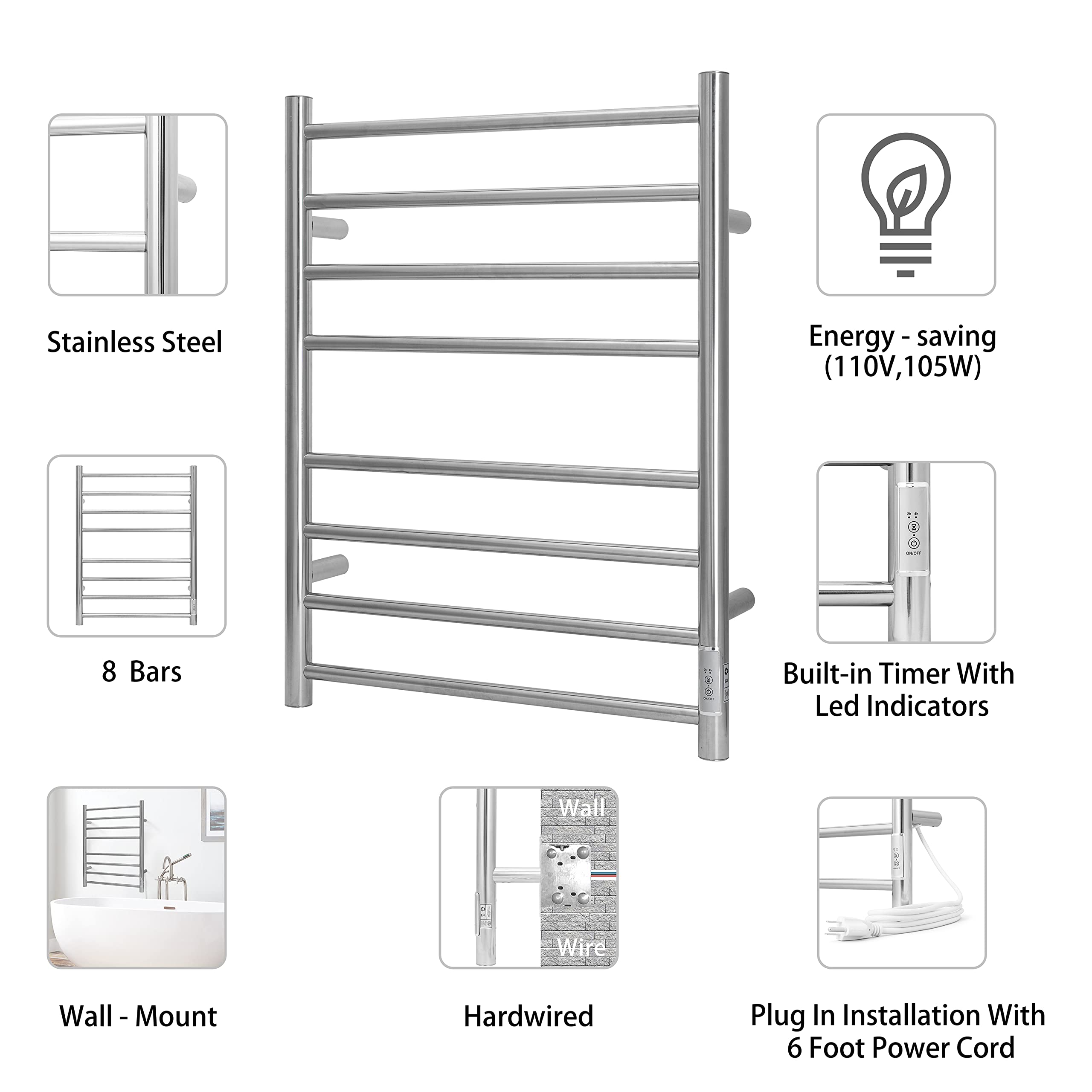 Stainless Steel Electric Heated Towel Rack - 8 Bar Wall Mounted Bathroom Towel Warmer with Built-in Timer & Brushed Nickel Finish (TW-8-BN) | Perfect for Spa-Like Bathroom Luxury & Warm Towels After Shower