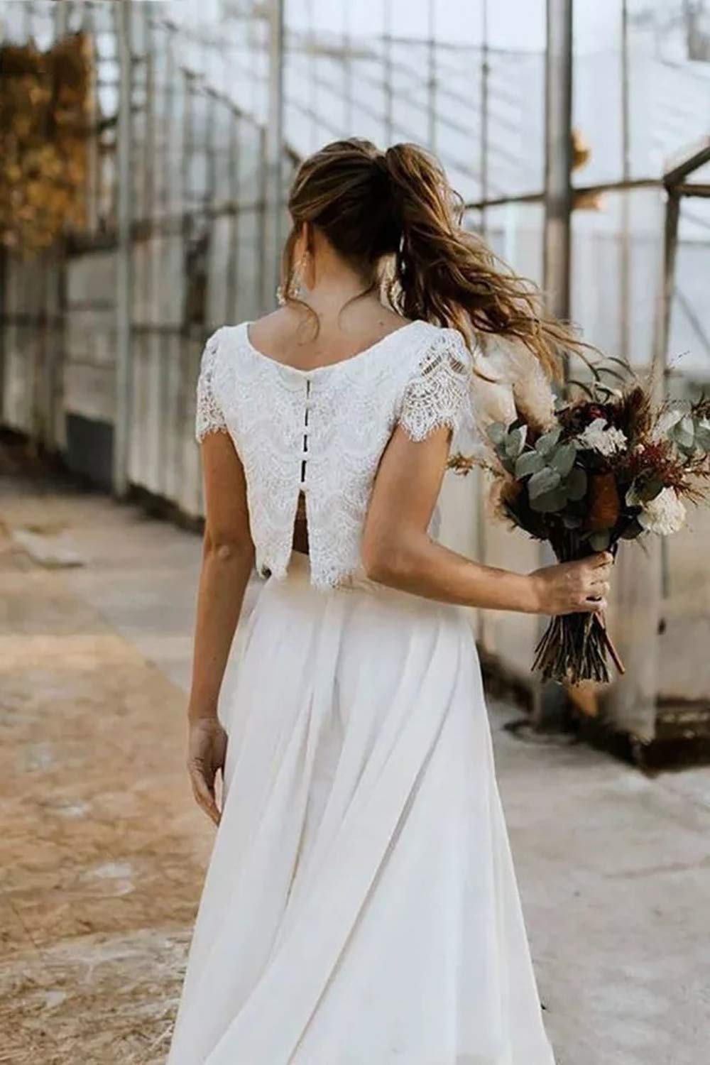 2-Piece Boho Wedding Dress Set - Lace Short Sleeve Elegant High-Low Beach Wedding Gowns for Bride, Outdoor Ceremony & Destination Weddings