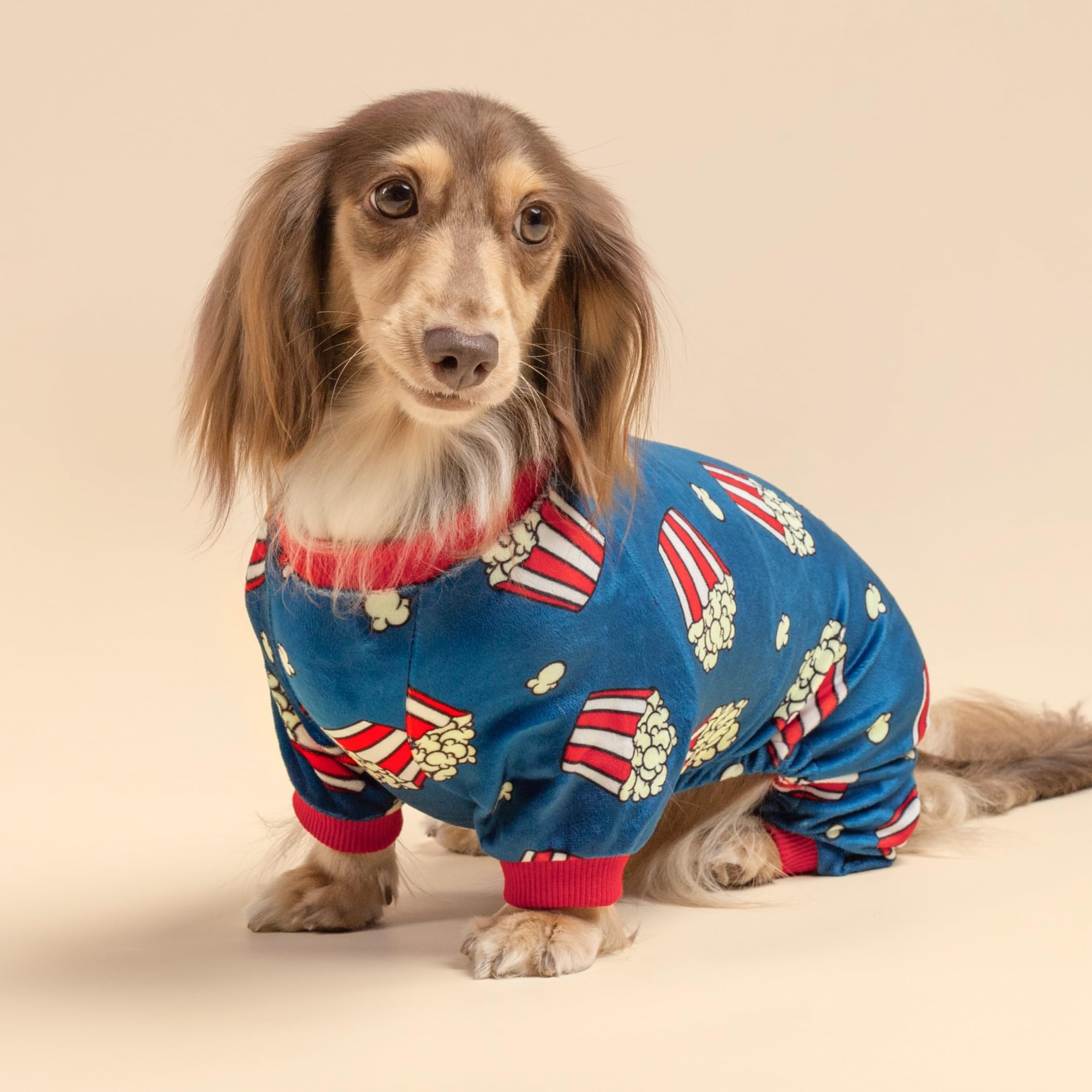 Fitwarm Popcorn Dog Pajamas - Funny Fleece Pet Onesie with Feet for Small Dogs (Blue, Red, White, Yellow, Medium) - Cozy Winter Sleepwear for Puppies & Indoor Lounging