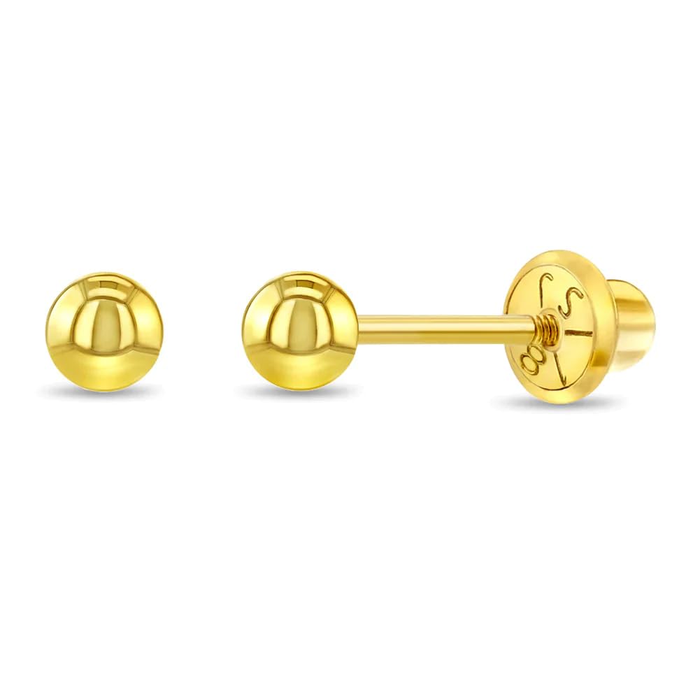 18k Yellow Gold Classic Ball Safety Screw Back Stud Earrings for Babies & Toddlers (3mm-5mm) - Hypoallergenic Baby Girl Earrings for First Piercing, Christening Gifts & Special Occasions