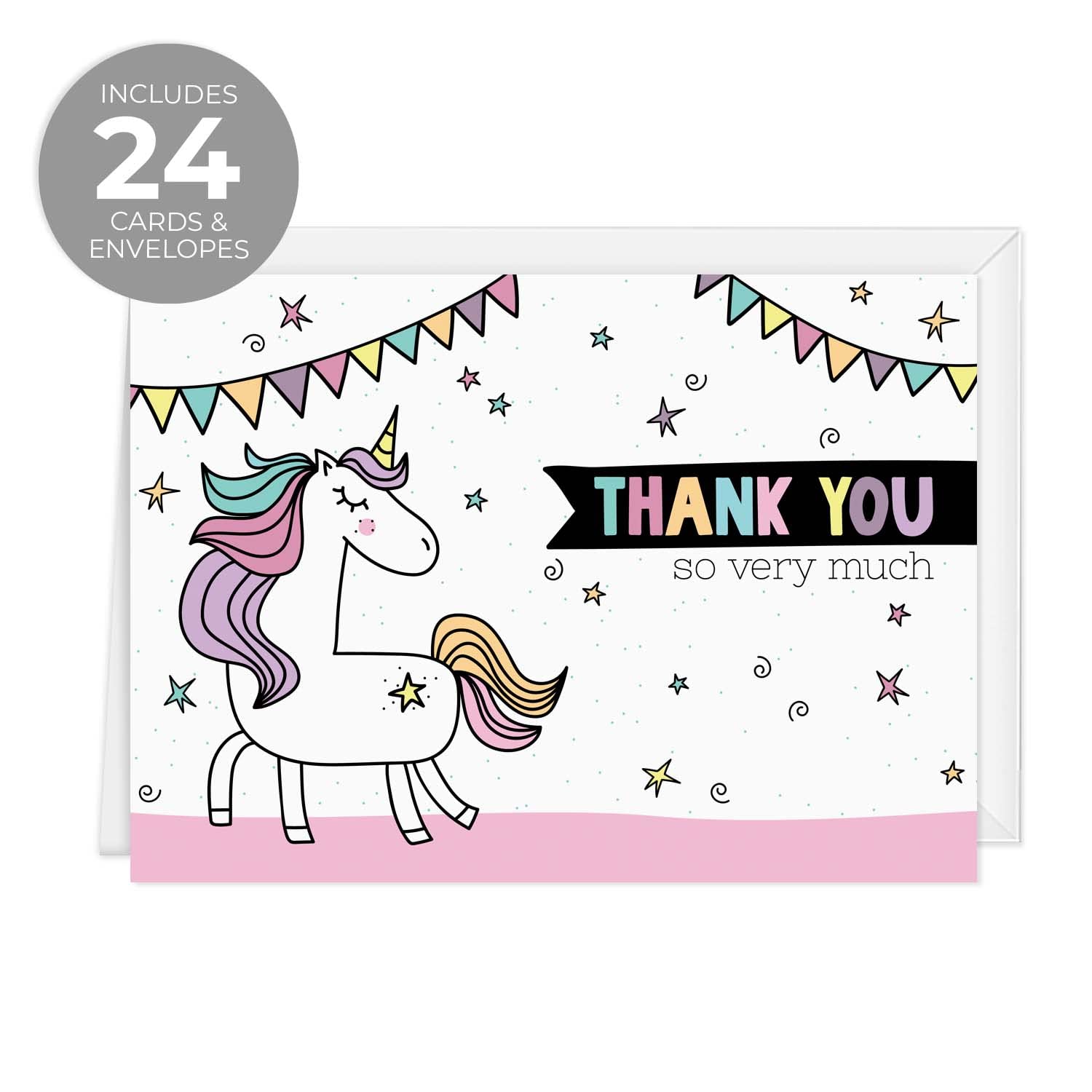 Rainbow Unicorn Thank You Cards - 24 Pack with White Envelopes | 3.5