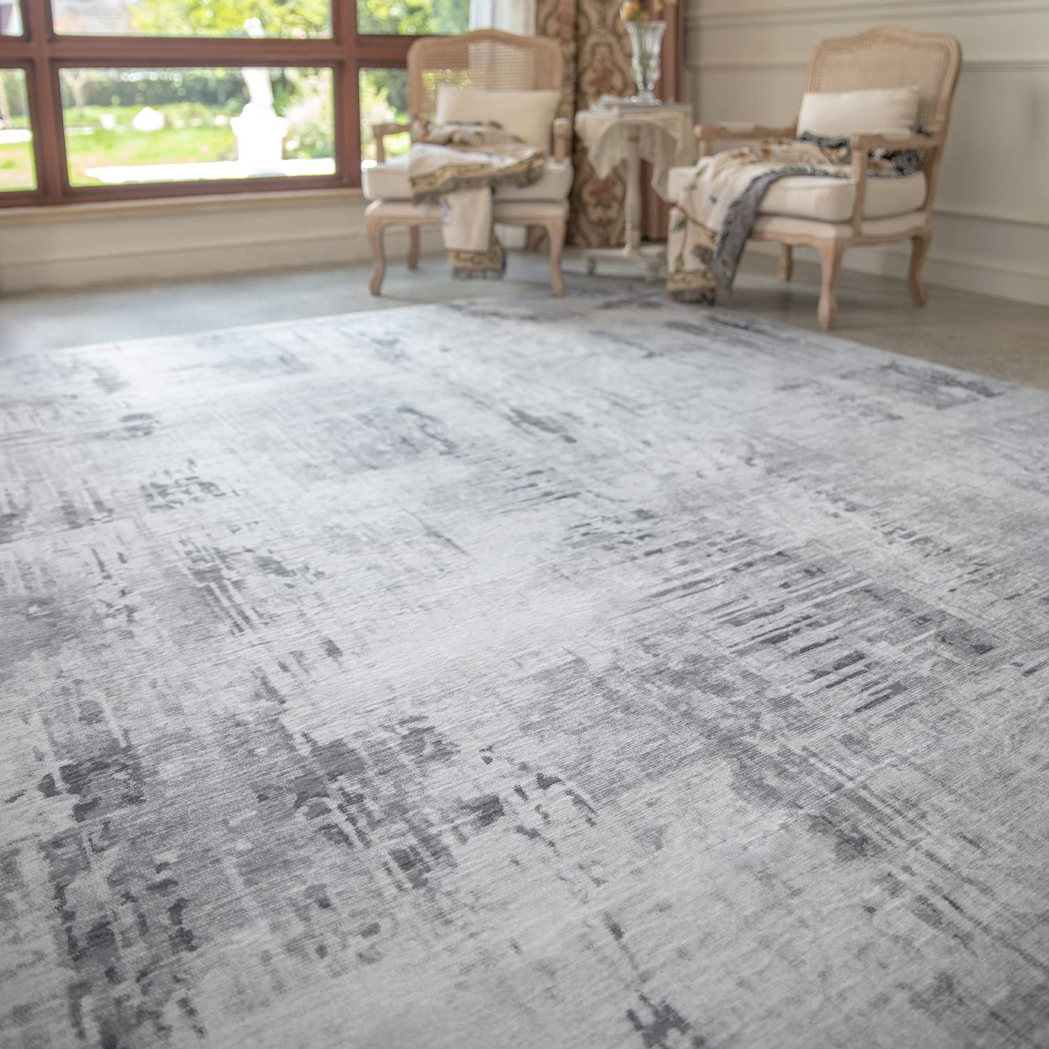 Modern Abstract 8x10 Distressed Area Rug - Machine Washable Gray Home Decor for Living Room, Bedroom & Office