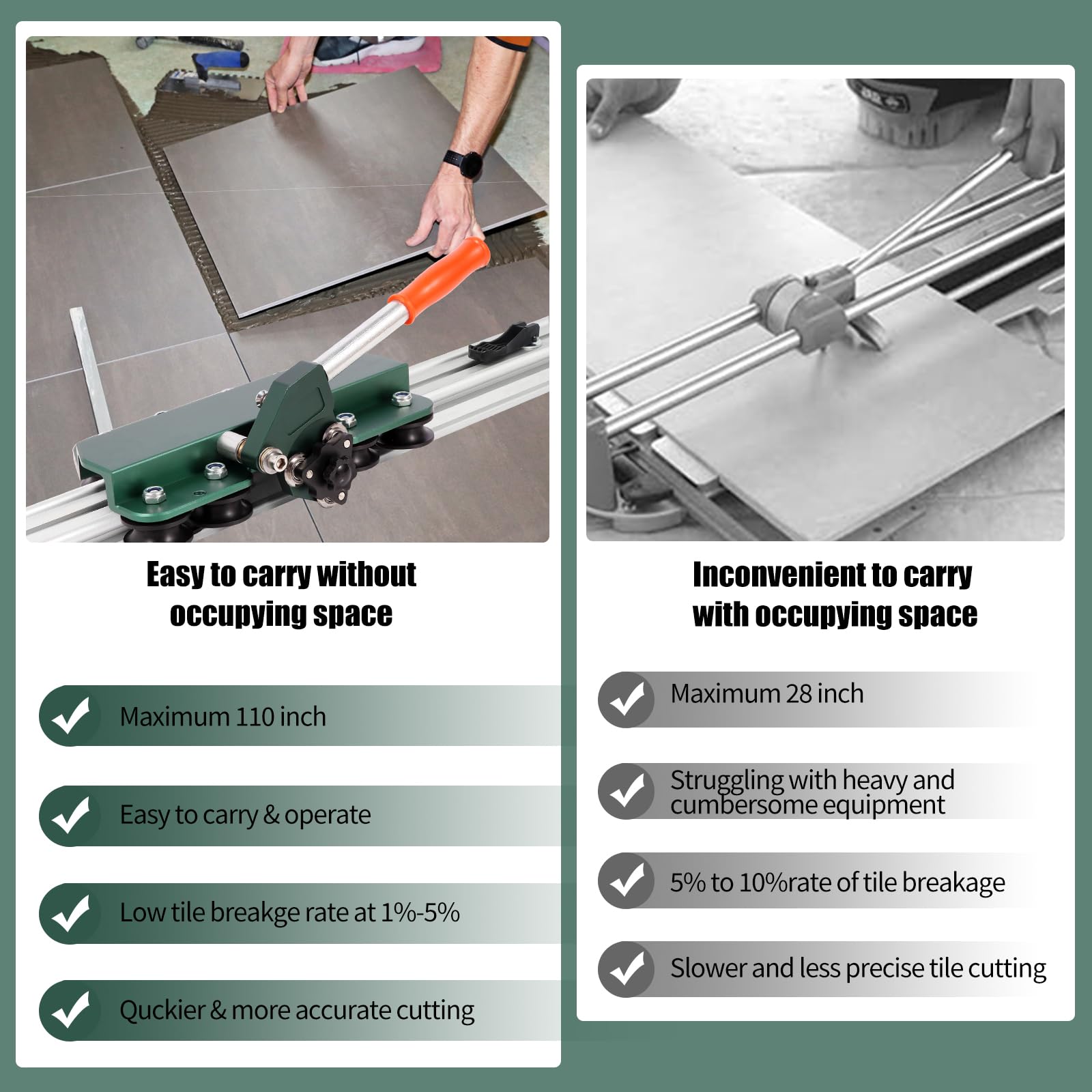 71-Inch Large Manual Tile Cutter - Heavy Duty Ceramic & Porcelain Tile Cutter with Built-in Suction Cups, Tile Pliers & 3 Push Knives - Cuts Up to 4.7-Inch Thick Tiles (Green) - Perfect for DIY Home Renovation, Bathroom & Kitchen Tile Installation