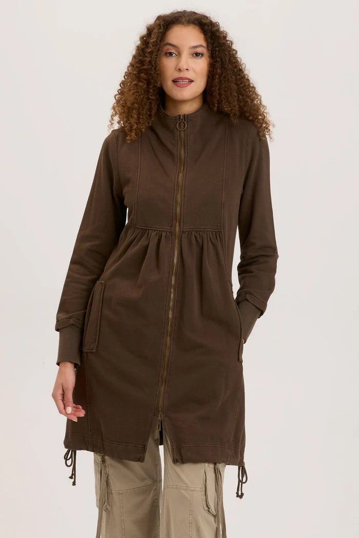 Warm Fleece Funnel Neck Long Coat in Boxwood Pigment - Perfect for Winter Outdoor Activities and Casual Wear