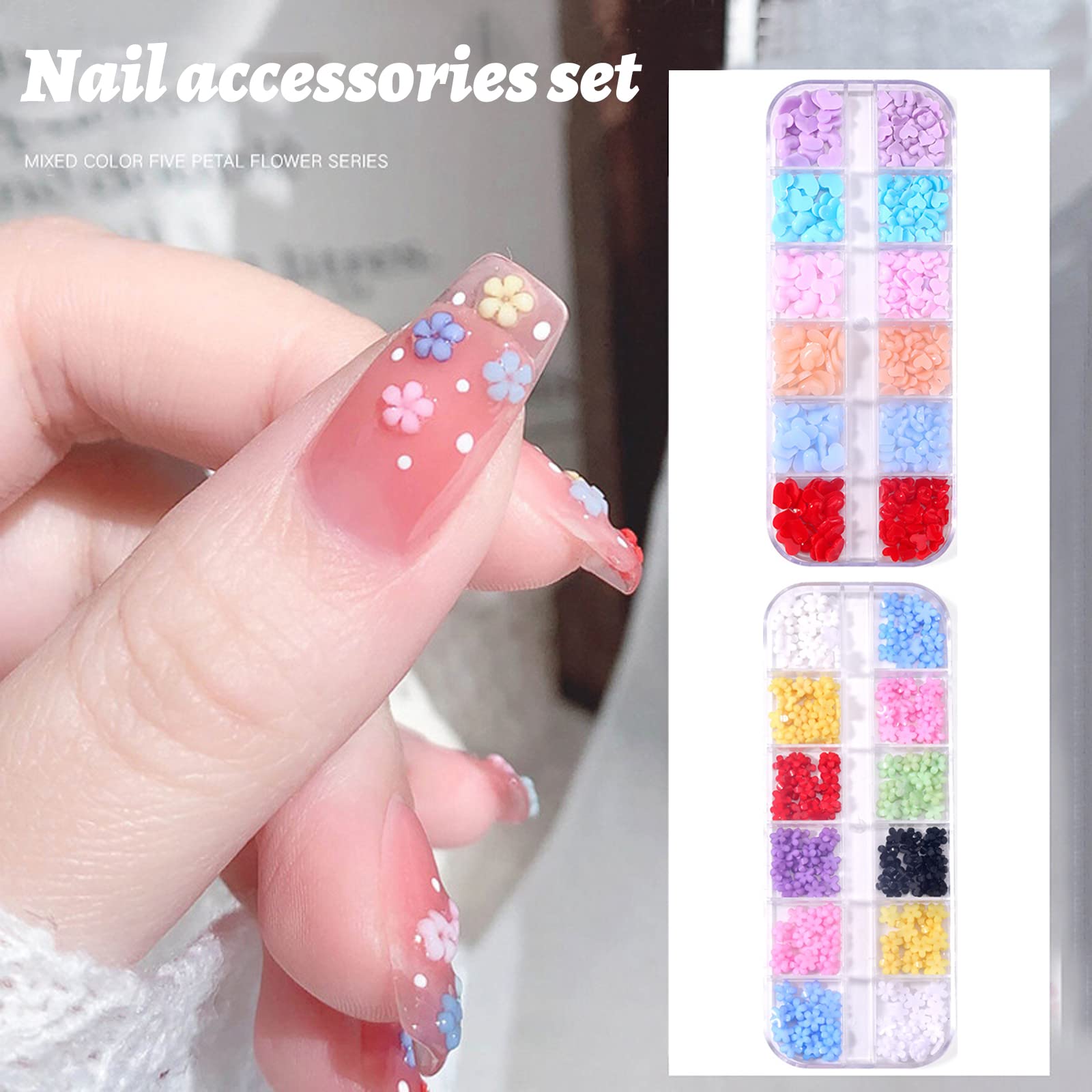 3D Flower Heart Nail Charms - 2 Boxes 24 Grids Flat Back Nail Art Flowers for DIY Manicure | Acrylic Nail Art Supplies for Women & Girls | Perfect for Wedding, Party, Valentine's Day Nail Decoration