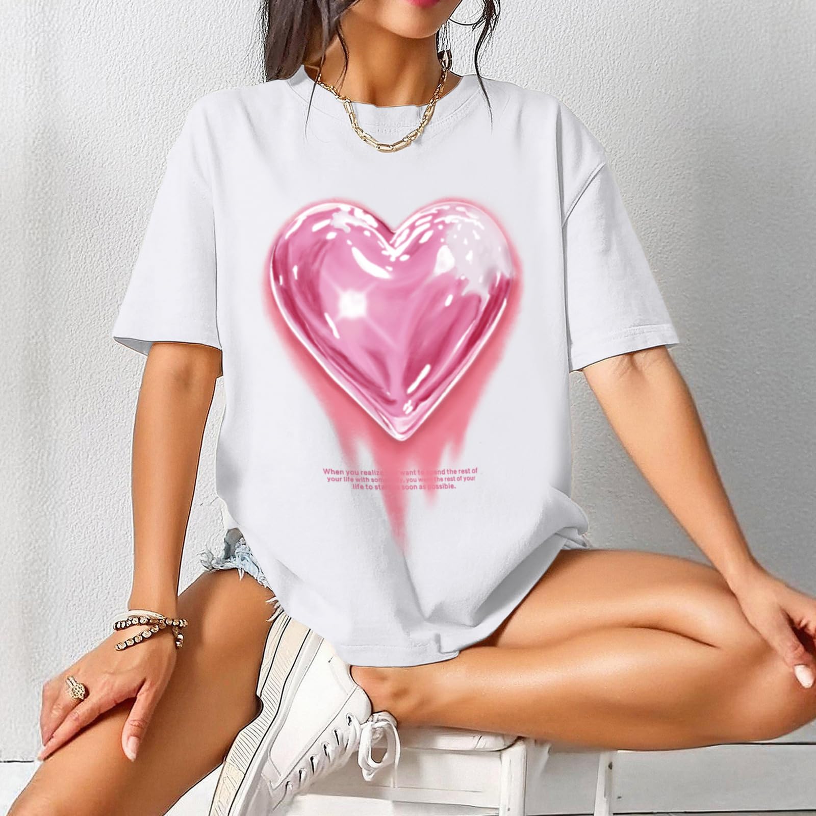 KIEKIECOO Women's Oversized Graphic T-Shirts - Cute Casual Cotton Tees for Teens & Girls - Heart Print Loose Fit Shirt - Perfect for Streetwear, Daily Outfits & Summer Fashion