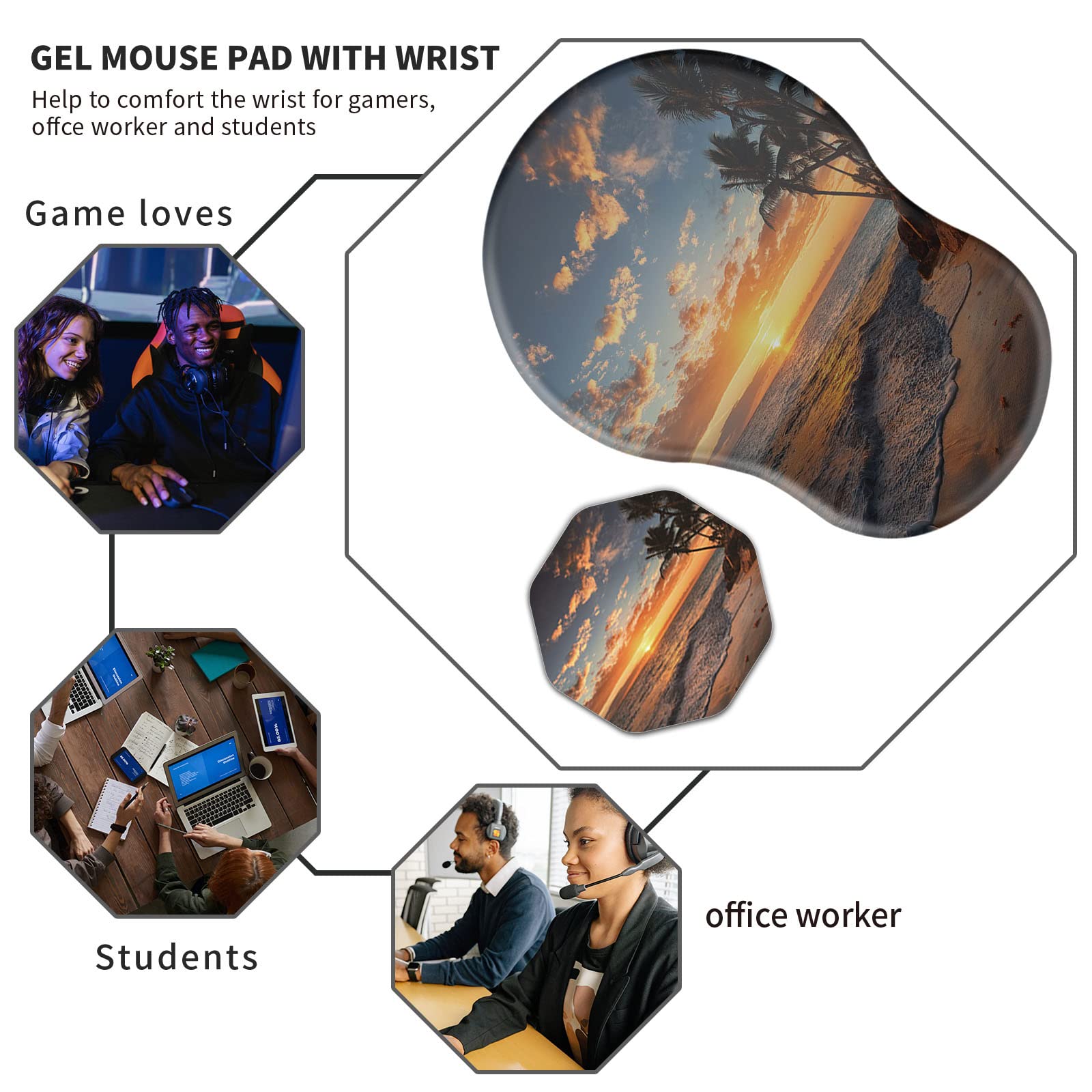 Ergonomic Mouse Pad with Wrist Rest - Thick Comfort Gel Support for Carpal Tunnel Pain Relief, Non-Slip PU Base Computer Mousepad for Wireless Mouse, Sunset Beach Design - Perfect for Office, Gaming & Home Workspace