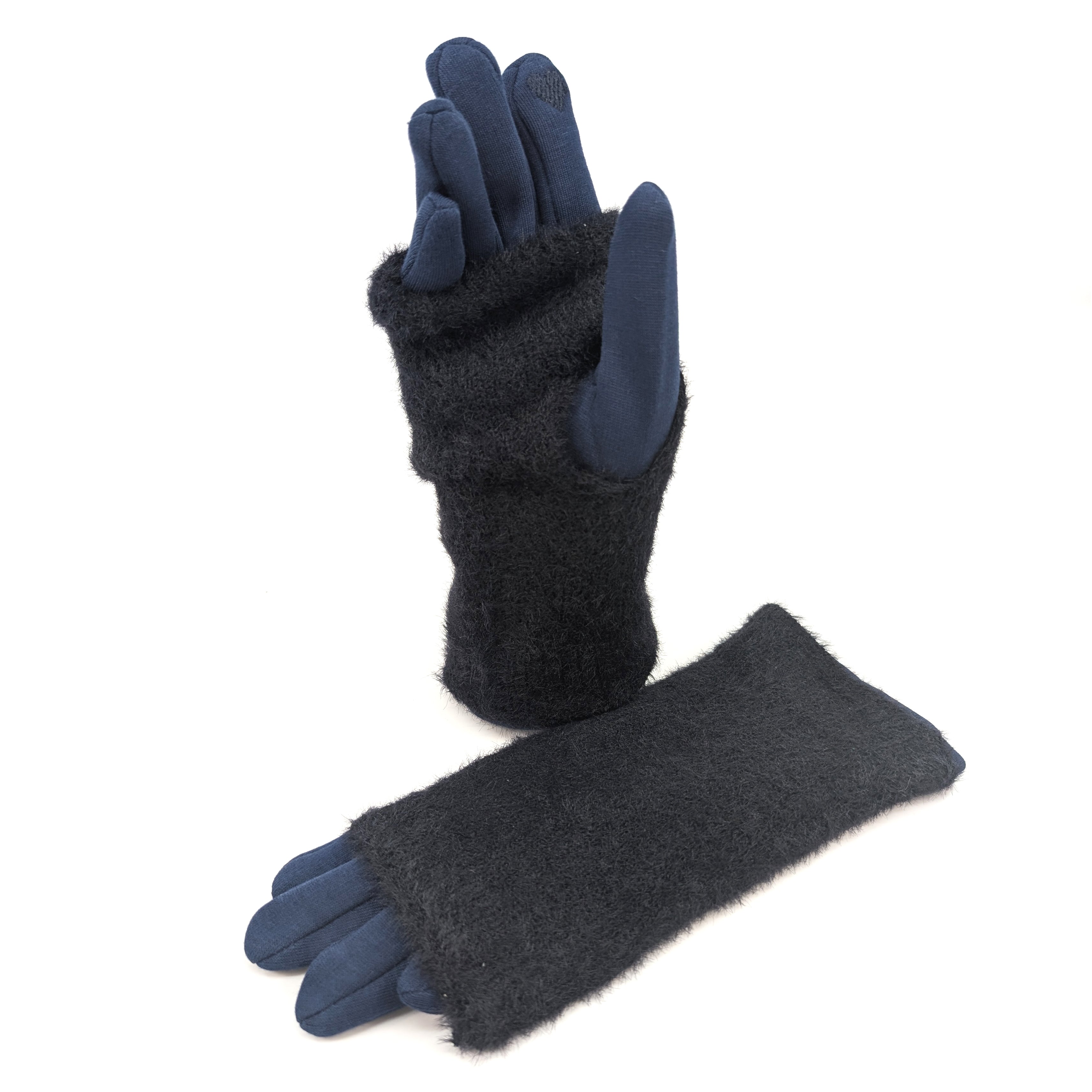 Warm Navy Blue Faux Fur Convertible Gloves - Touchscreen Compatible for Winter Outdoor Activities & Fashion