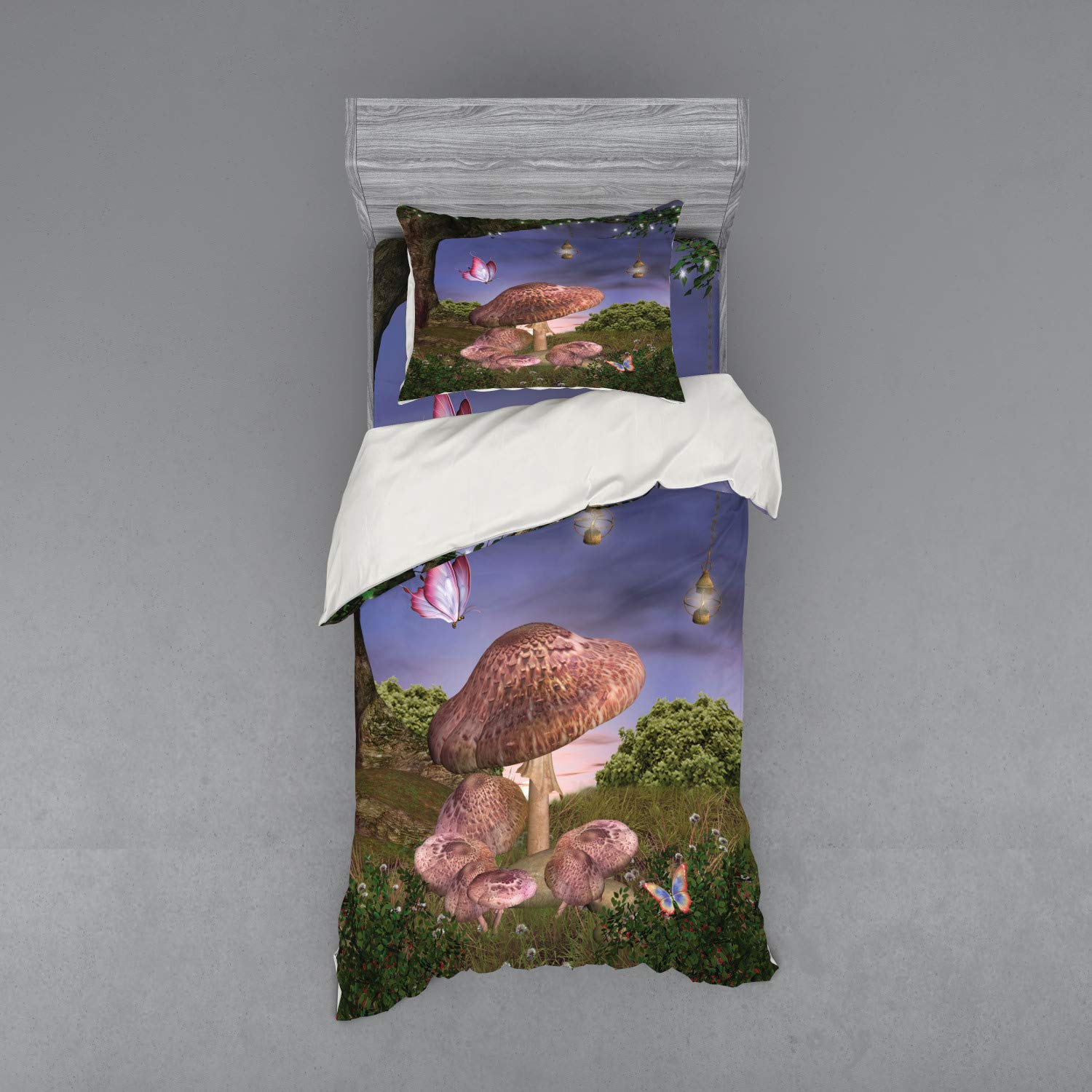 Ambesonne Fantasy Bedding Set - Enchanted Forest with Butterflies & Mushrooms, 3-Piece Duvet Cover Set with Pillow Sham & Fitted Sheet, Twin XL Size, Vibrant Multicolor - Perfect for Kids' Rooms, Fairy Tale Themed Bedrooms & Whimsical Home Decor