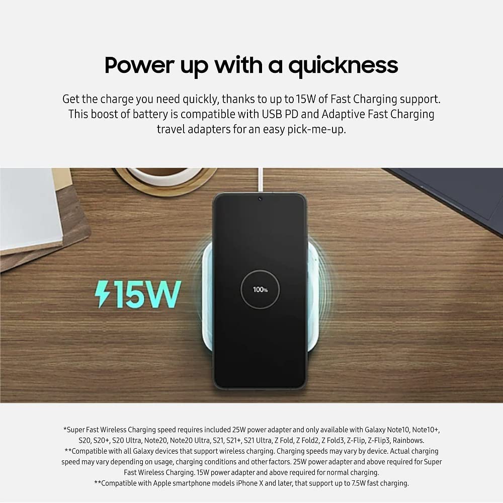 Samsung 15W Fast Wireless Charger Pad - Qi Certified for Galaxy S23/S22/S21, iPhone 15/14/13, AirPods - Compact Design with LED Indicator & USB-C Cable Included (2024 US Version, Gray) - Perfect for Home, Office & Nightstand Charging