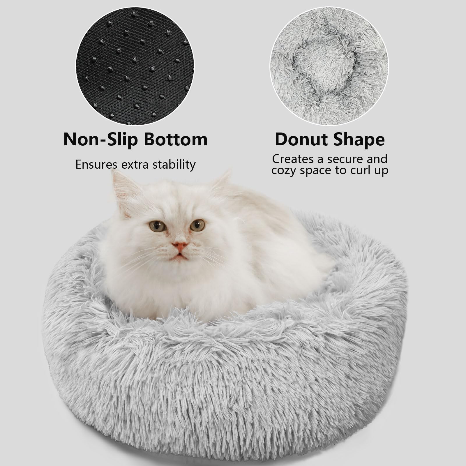 Soft Round Donut Pet Bed for Small Dogs & Cats - Non-Slip Bottom Calming Plush Bed for Puppies & Kittens - Perfect for Indoor Use in Living Room or Bedroom