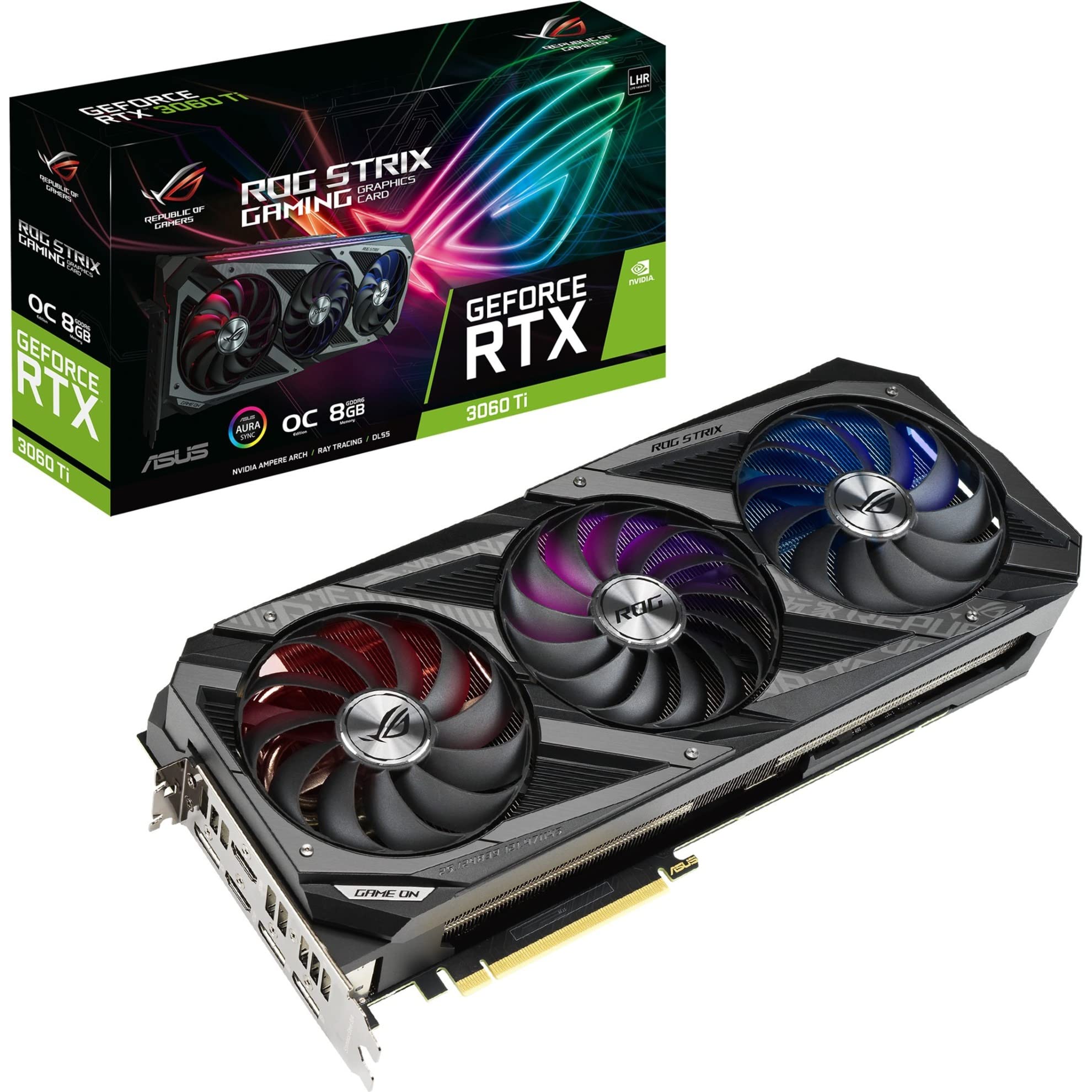 ASUS ROG Strix NVIDIA GeForce RTX 3060 Ti V2 OC Edition 8GB GDDR6 Gaming Graphics Card - PCIe 4.0, LHR, HDMI 2.1, DisplayPort 1.4a, Axial-Tech Fans, 2.9-Slot Design for PC Gaming & 4K Video Editing
