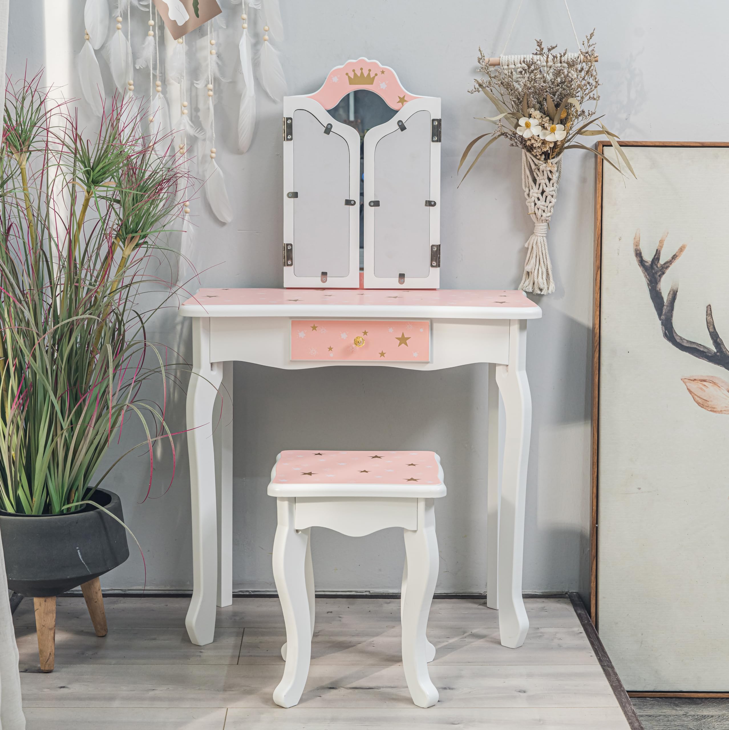 Memoryfield Kids Vanity Set - Wooden Princess Makeup Dressing Table with Mirror, Stool & Drawer | 2-in-1 Toddler Vanity Desk for Girls | Pretend Play, Birthday Gift & Bedroom Decor (Pink/White) - Perfect for Playrooms, Birthday Parties & Imaginative Play
