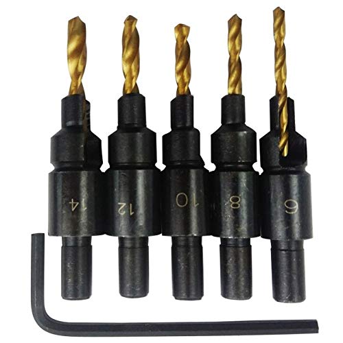 5-Piece Woodworking Countersink Drill Bit Set for Screw Sizes #6 #8 #10 #12 #14 - Includes Counter Bores, Pilot Hole Drill & Hex Wrench - Perfect for DIY Furniture Assembly, Cabinet Making and Woodworking Projects