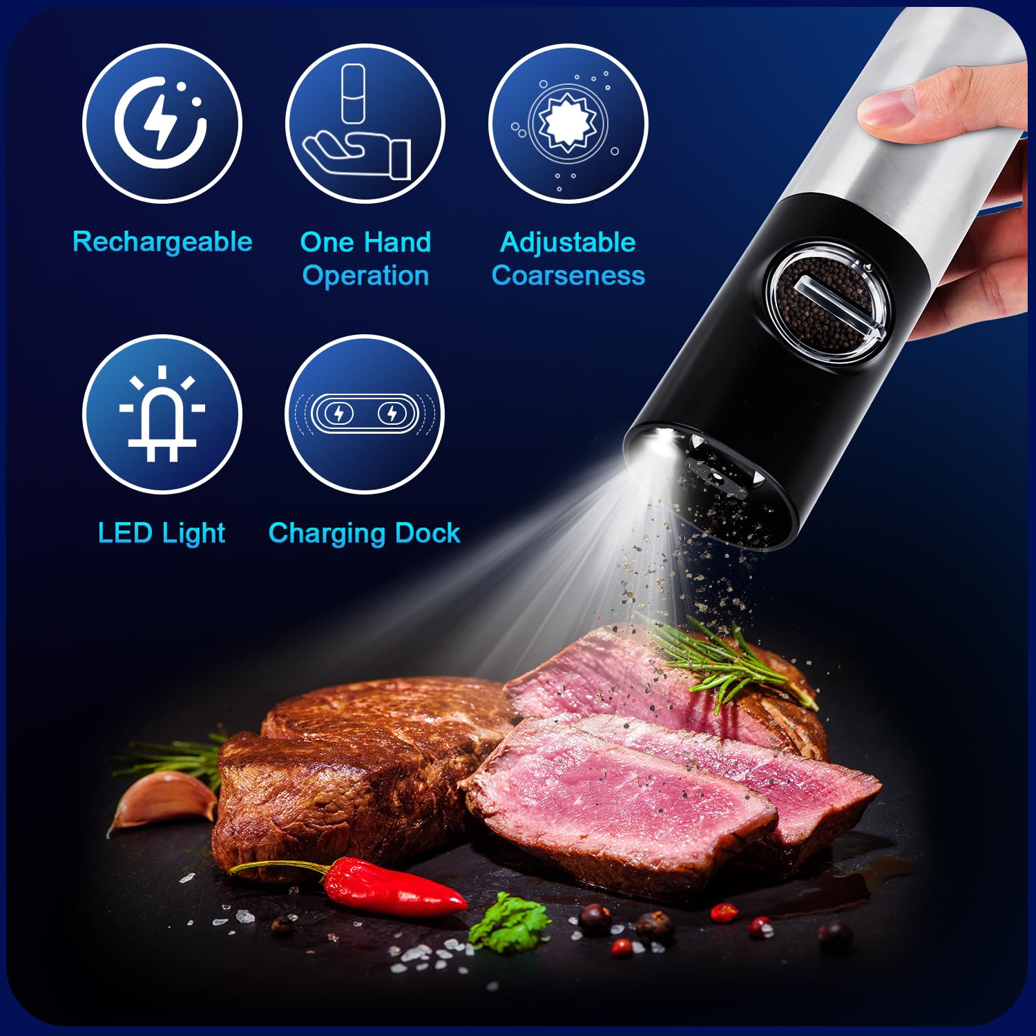 Rechargeable Electric Salt and Pepper Grinder Set - Adjustable Coarseness Automatic Mill with LED Light - Perfect for Kitchen, Dining Table & Outdoor BBQ