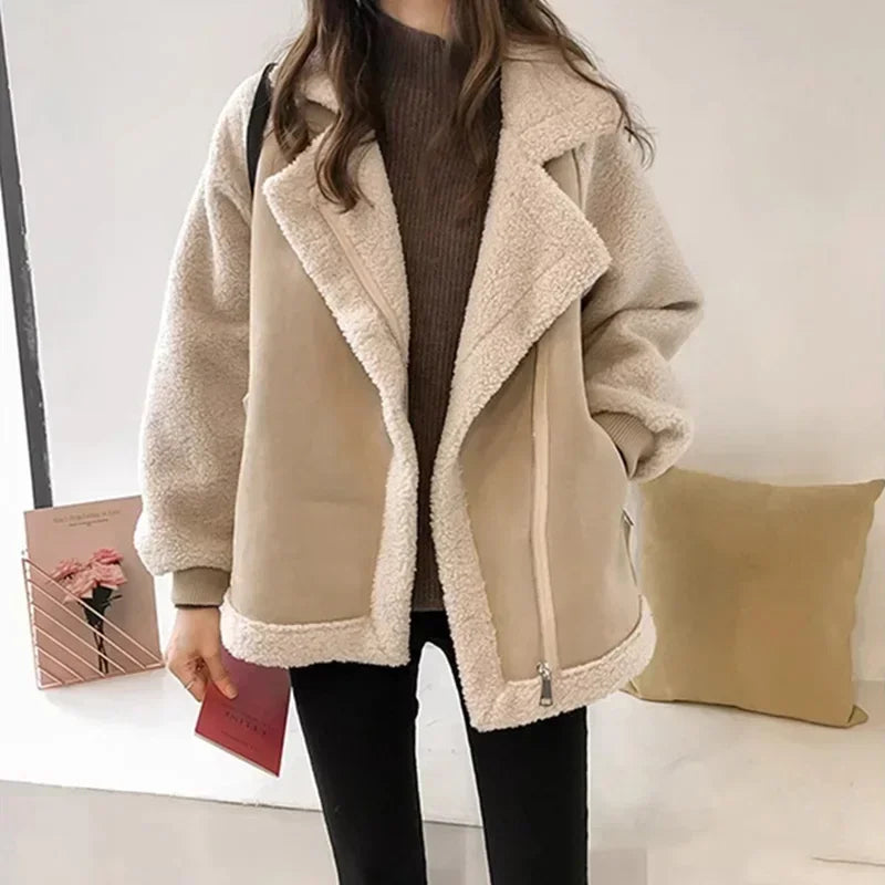 2023 New Women's Autumn Winter Coats - Casual Loose Patchwork Lamb Hair Jacket with Pockets | Korean Vintage Style Outerwear | Perfect for Daily Wear, Office, Dating & Street Fashion