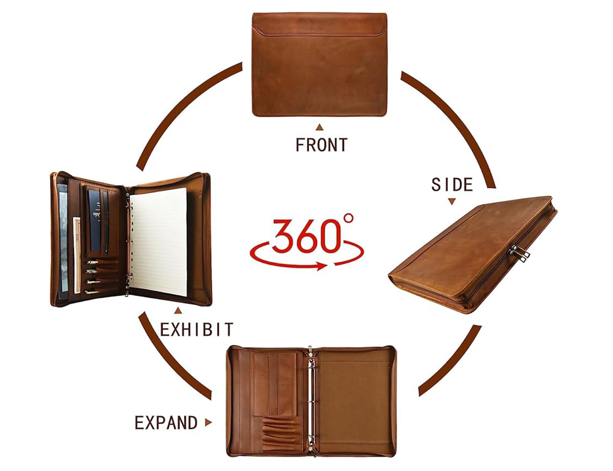 Personalized Leather Portfolio Binder for Men & Women - Free Name Engraving, Custom 3-Ring Zippered Business Organizer, Handmade Professional Padfolio Folder (Brown) - Perfect Office Gift for Executives & Graduates