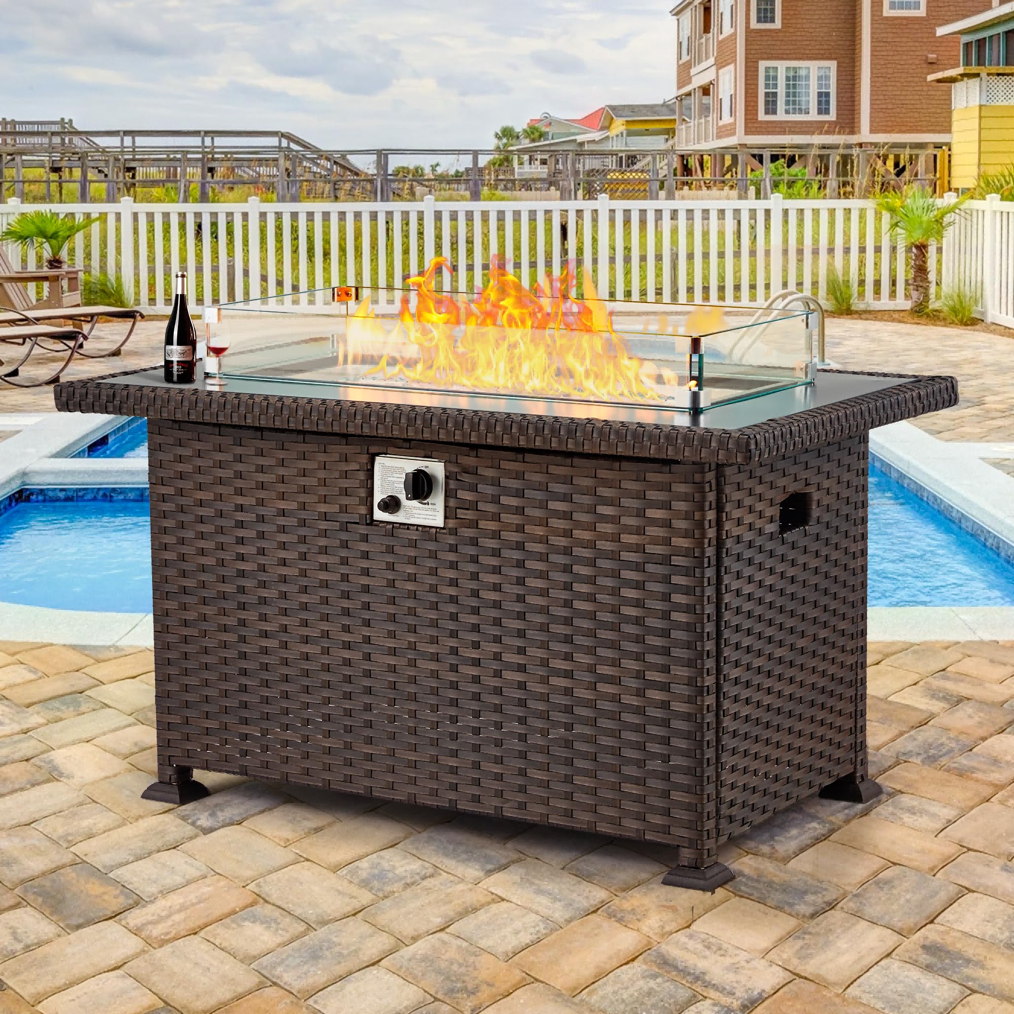 GYUTEI 44 Inch Outdoor Propane Fire Pit Table - 50,000 BTU Stainless Steel Burner with CSA Certification, Wind Guard & Glass Beads - Slide-Out Tank Holder for Patio, Backyard, Deck (Dark Brown) - Perfect for Outdoor Gatherings, Camping & Relaxation