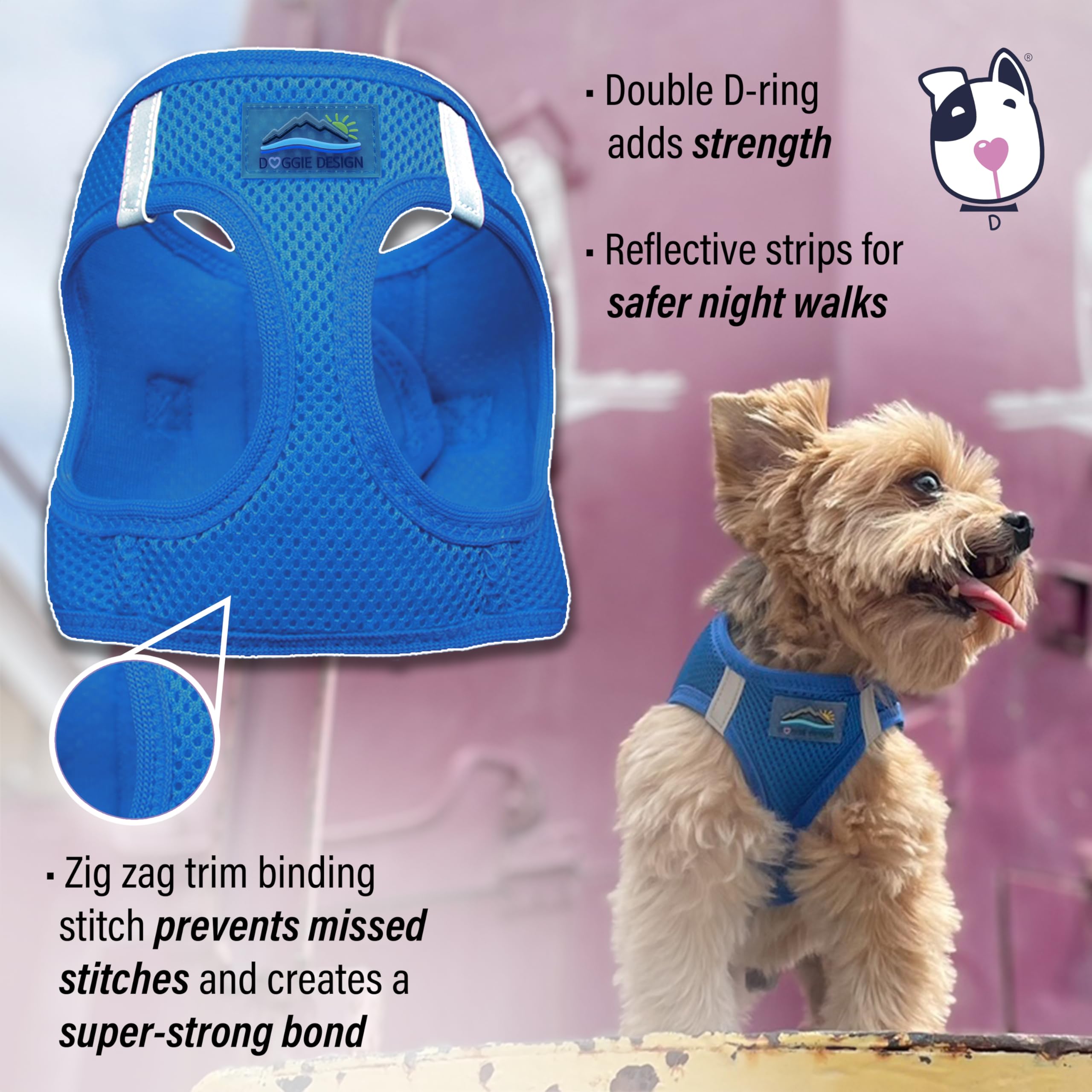 Doggie Design No-Choke Dog Harness - Breathable Mesh Polyester Pet Vest with Easy Step-in Design for Small Medium Large Dogs - Cobalt Blue Size S | Perfect for Walking, Hiking & Outdoor Adventures