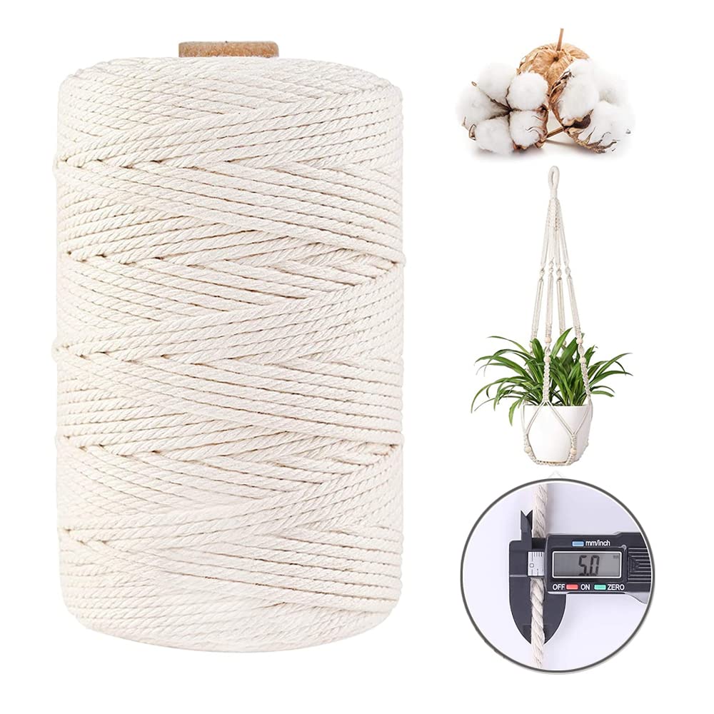4 Strand Twisted Macrame Cotton Cord - 5mm x 109 Yards Natural White Macrame Yarn for DIY Crafts, Plant Hangers & Wall Hangings | Perfect for Boho Home Decor, Wedding Backdrops & Handmade Jewelry Making