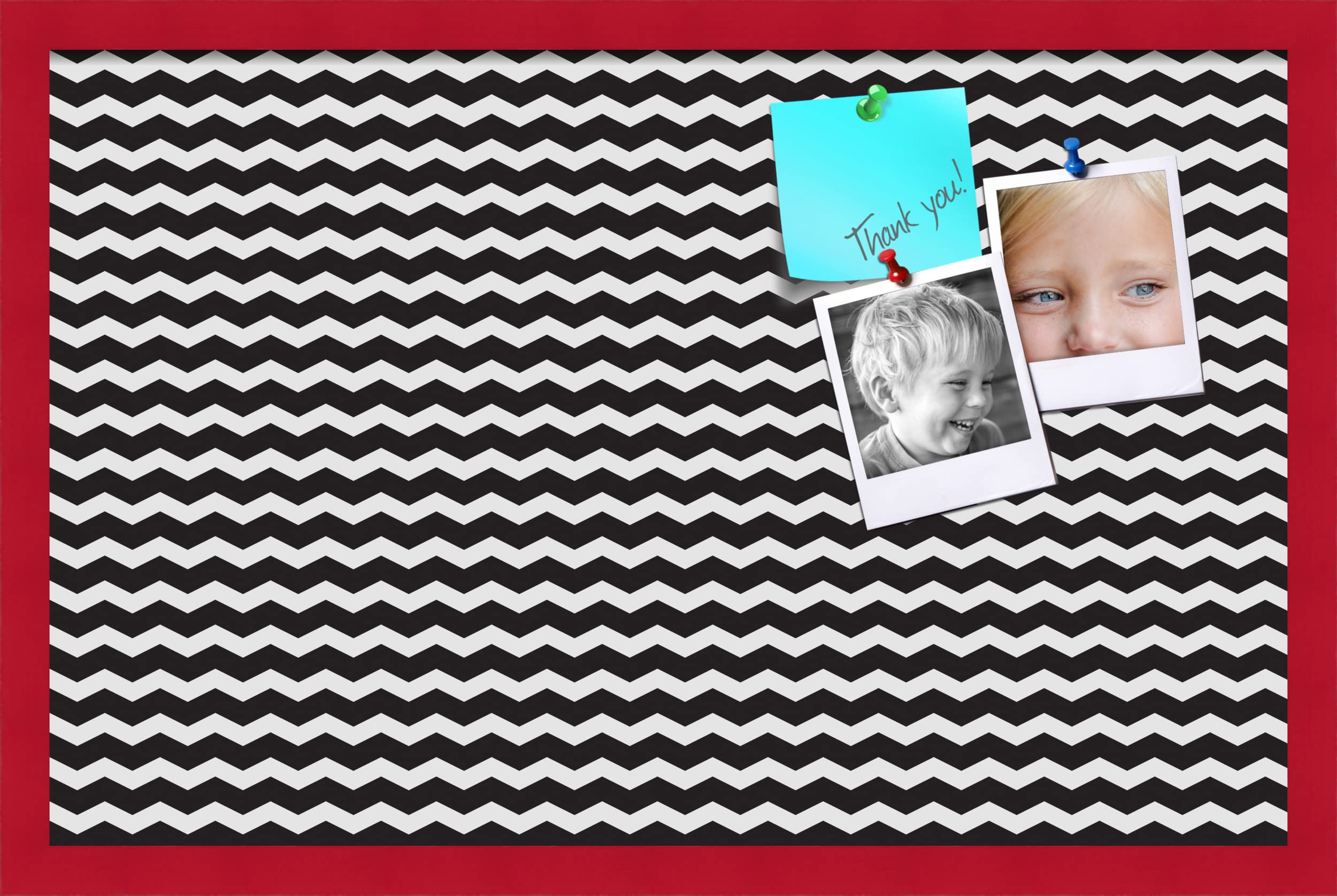 PinPix 28x18 Inch Cork Bulletin Board - Black & White Chevron Design with Red Beech Frame - Stylish Home Office Decor, Message Board, Classroom Organization & Wall Memo Display (PinPix-118)
