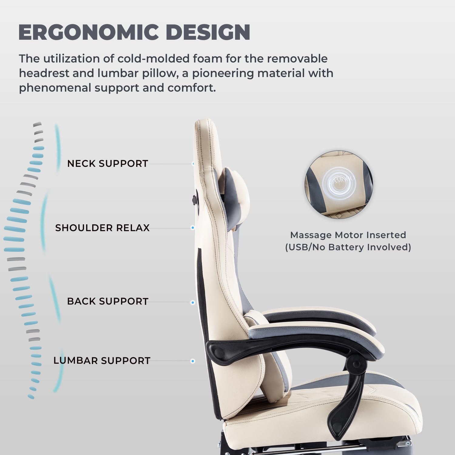 Premium Ergonomic Gaming Chair with Adjustable Footrest & Massage Lumbar Support - High Back PC Gamer Chair for Adults with Reclining Function & Linkage Armrests - Big and Tall Comfort for Long Gaming Sessions, Office Work & Home Entertainment - Beige