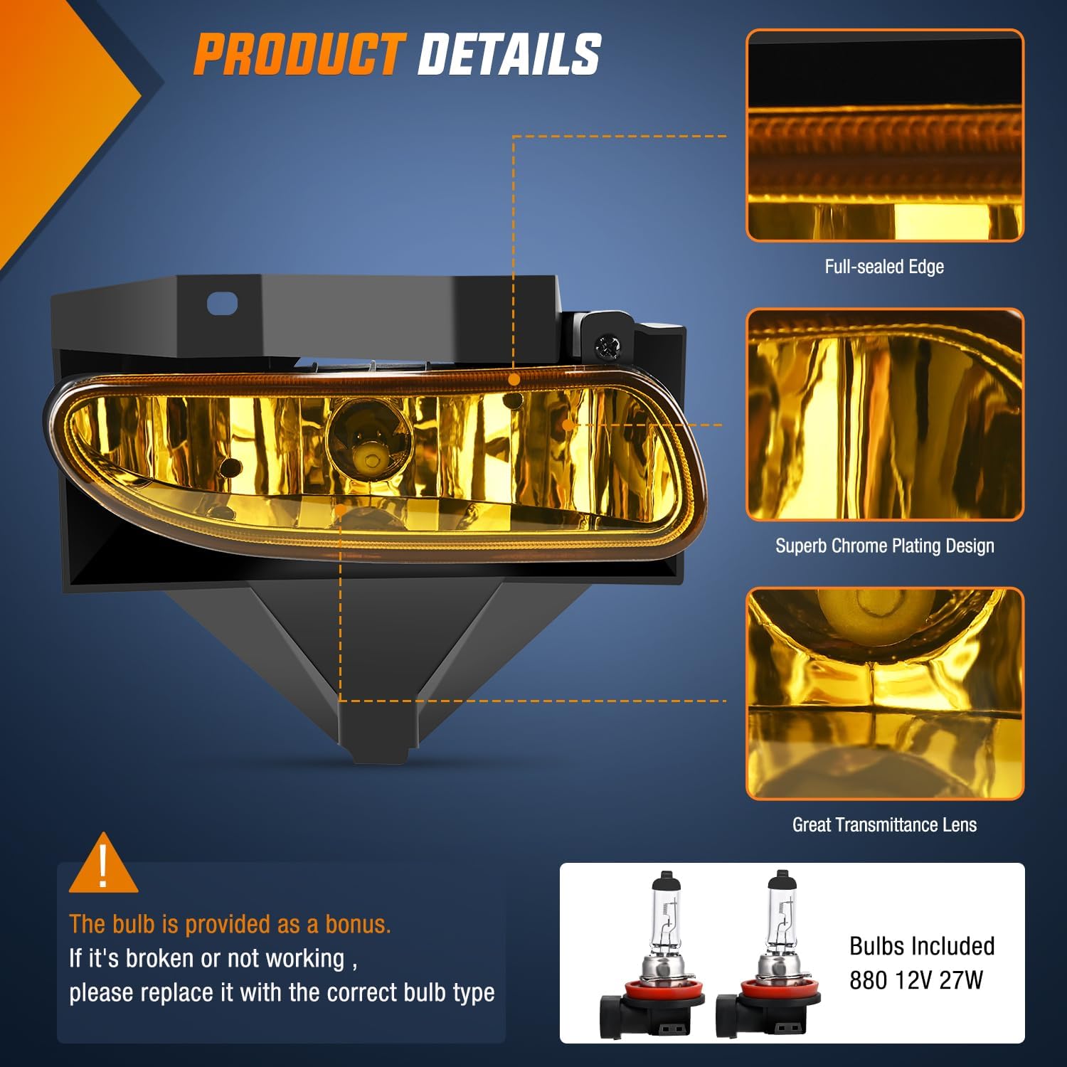 1999-2004 Ford Mustang Fog Lights Assembly with Amber Lens & 880 27W Bulbs - Compatible with Foggy or Low Visibility Driving Conditions