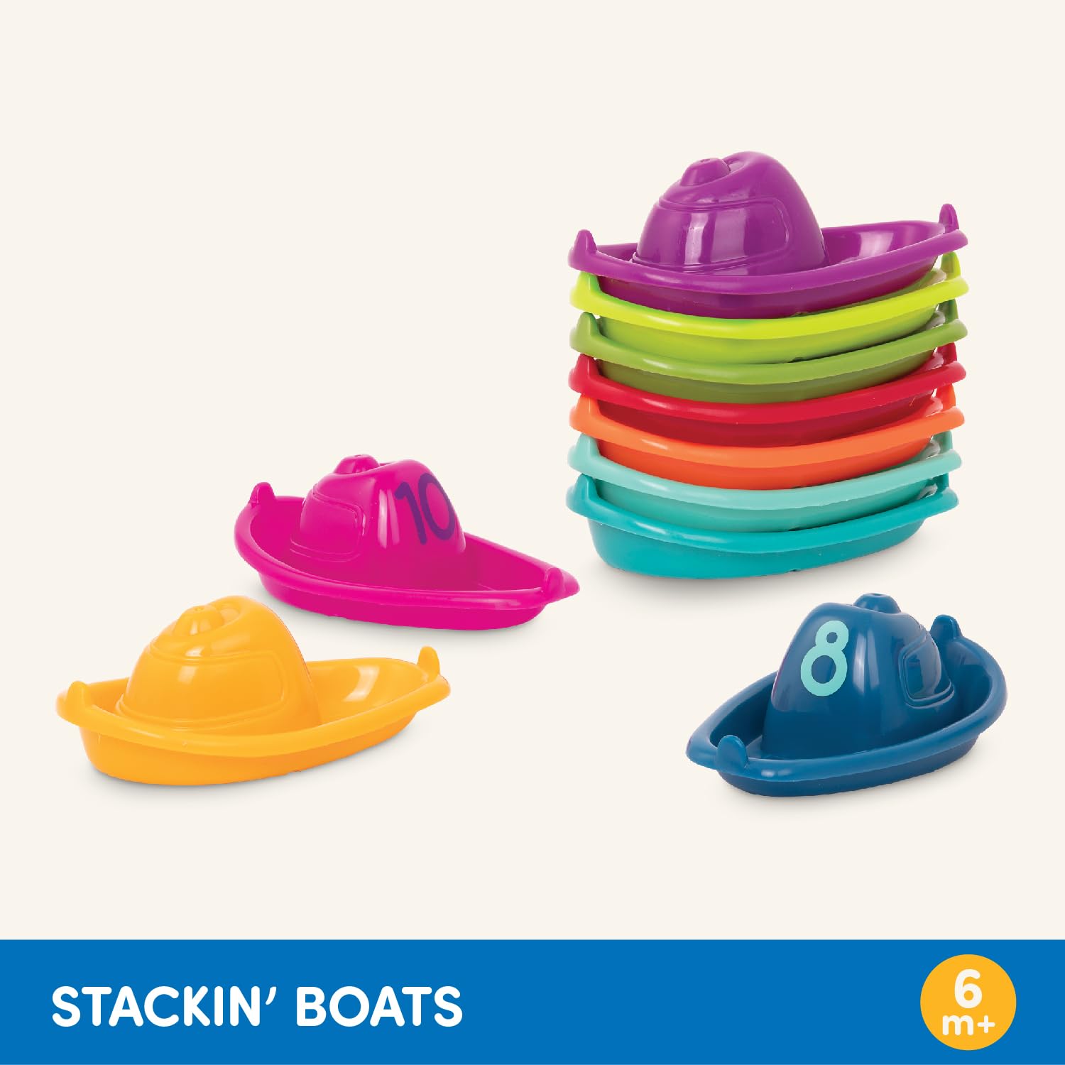 Battat 10-Piece Stackable Bath Boats Set - Numbered Floating Toy Boats for Bathtime, Pool & Beach - Educational Bath Toys for Babies 6+ Months - Perfect for Sensory Play & Early Learning