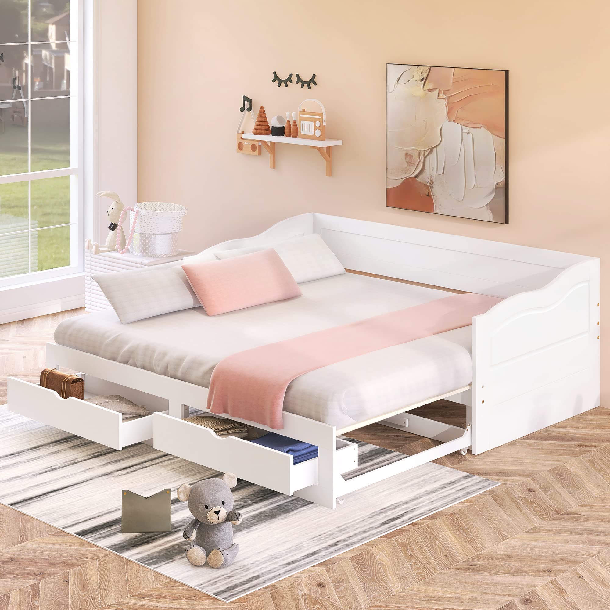 Harper & Bright Designs Twin Size Daybed with Trundle & 2 Drawers - Convertible to King Size - Solid Wood Sofa Bed Frame for Living Room, Guest Room, Dorm - White | Space-Saving Sleeper Solution for Small Apartments & Home Offices