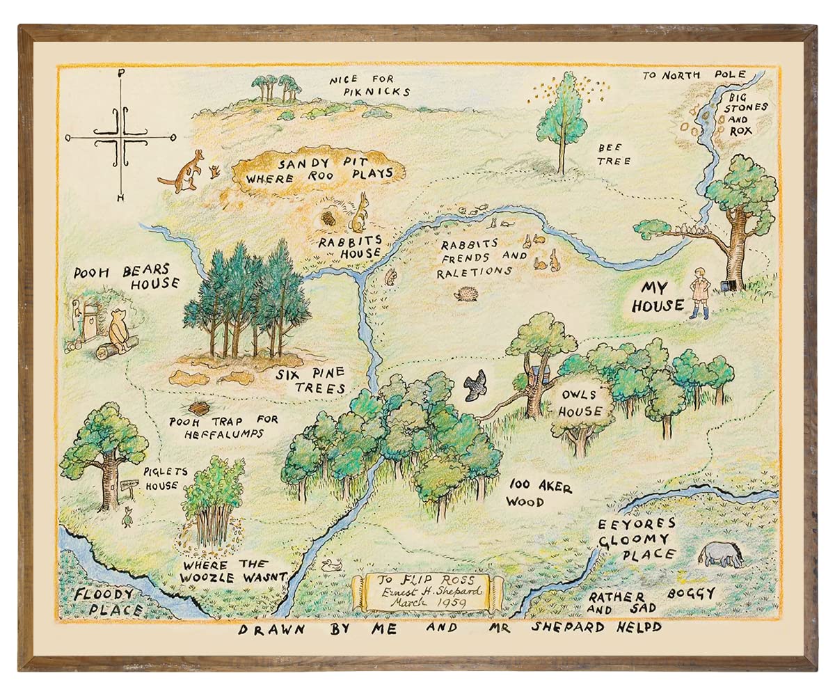 Winnie The Pooh Nursery Decor - Vintage Retro Hundred Acre Wood Poster for Baby Room & Toddler Bedroom - Baby Shower Gift for Winnie Fans - 8x10 Unframed - Perfect for Nursery Wall Art, Kids Room Decor & Newborn Gift