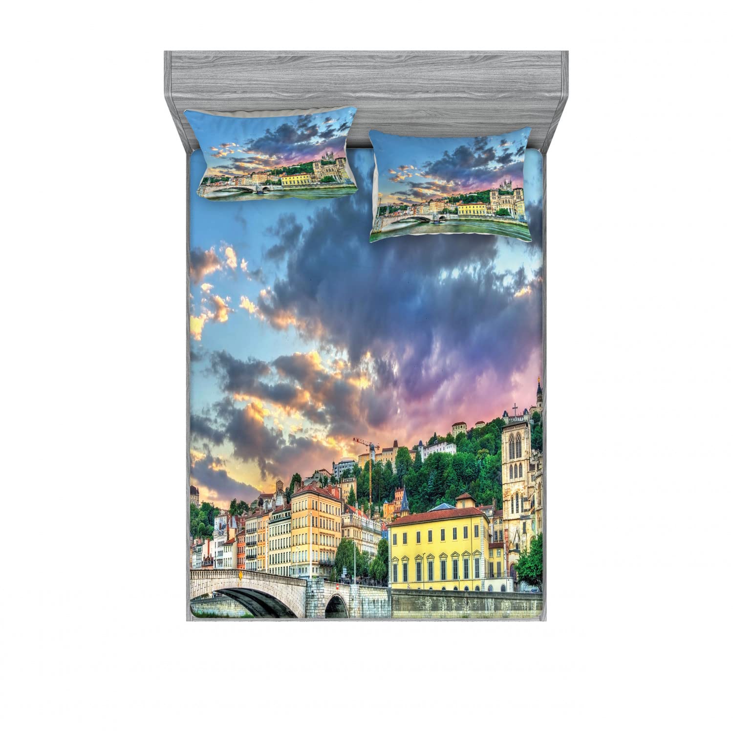 Lunarable Notre Dame 2-Pack Fitted Sheet & Pillow Sham Set - French Landscape Design, 4-Piece Bedding Decor (Includes 2 Queen Size Fitted Sheets & 4 Pillow Covers) - Multicolor - Perfect for Home Decor, Guest Room Makeover & Paris-Themed Bedroom