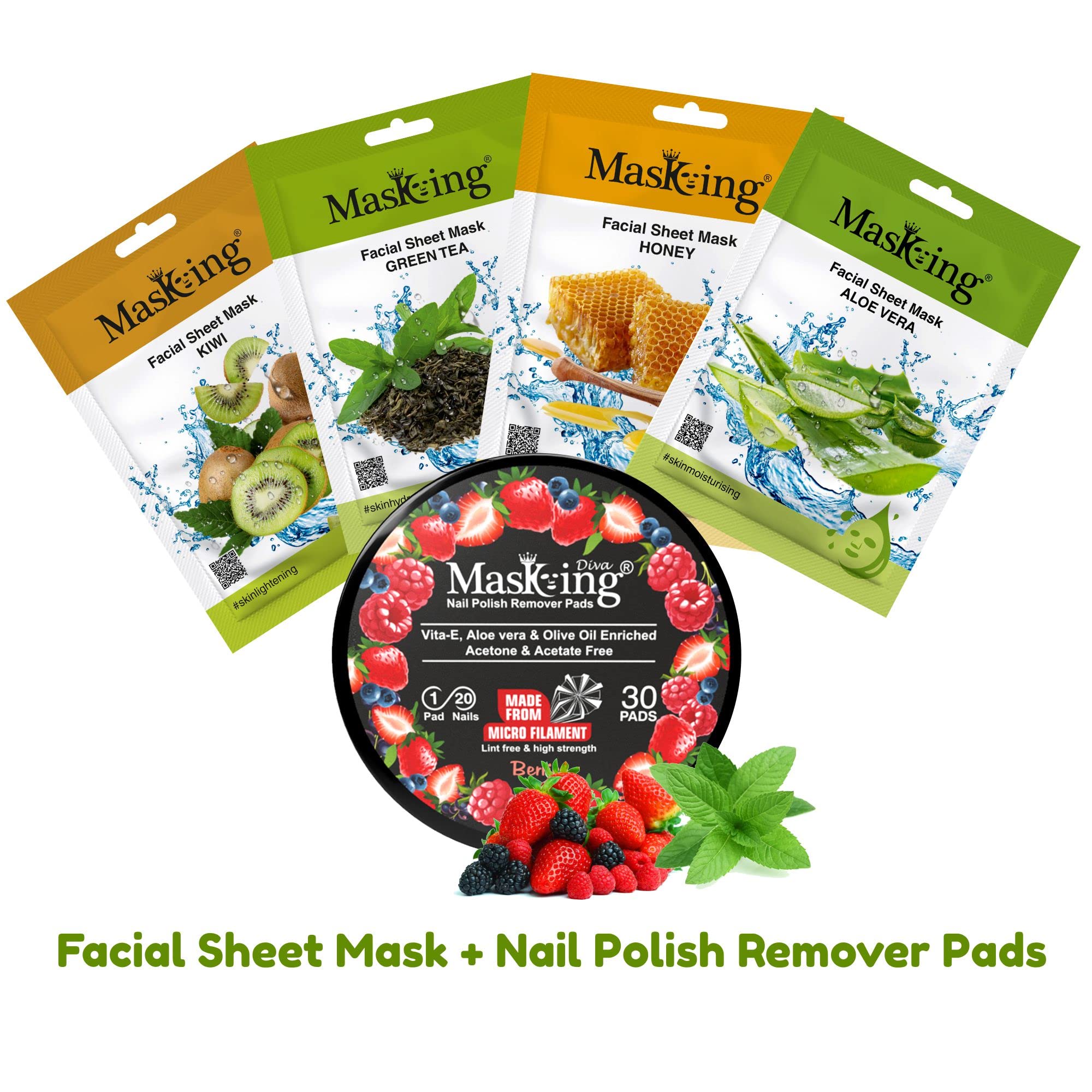 MasKing Beauty Facial Sheet Mask Set - Kiwi, Green Tea, Honey & Aloe Vera Extracts for Hydration & Brightening (4-Pack) | Diva Berries Nail Polish Remover Pads (30 Count) - Perfect for Spa Nights & At-Home Skincare Routines