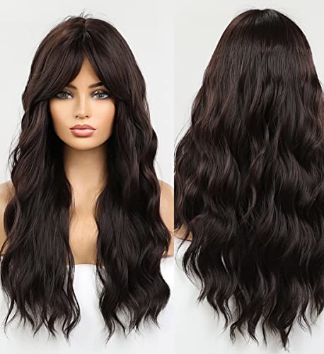 Dark Brown Wavy Wig with Blunt Bangs - Natural Looking Synthetic Hairpiece for Women | Perfect for Cosplay, Halloween Costumes & Daily Fashion Styling