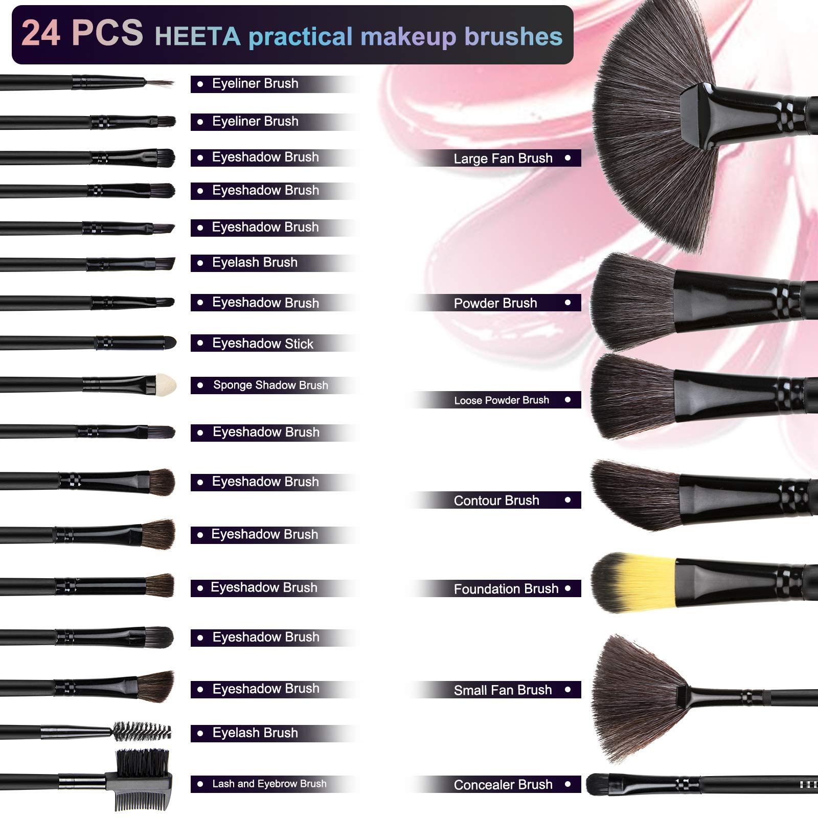 HEETA 24-Piece Professional Makeup Brush Set with Travel Case - Foundation, Powder, Concealer, Eyeshadow & Cream Brushes - Perfect for Home & Travel Makeup Application