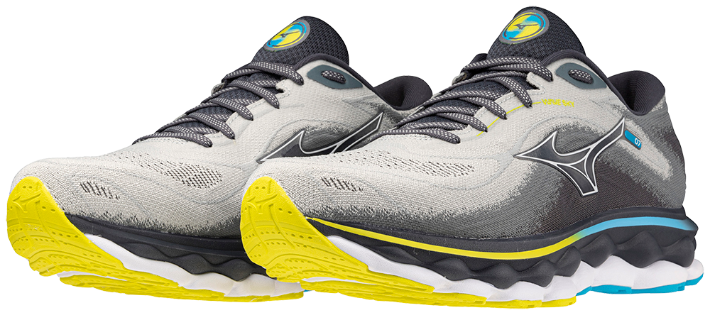 Mizuno Wave Sky 7 Running Shoes for Men - Pearl Blue/White/Neon Bolt - Lightweight Cushioned Road Running Shoes for Marathon & Training