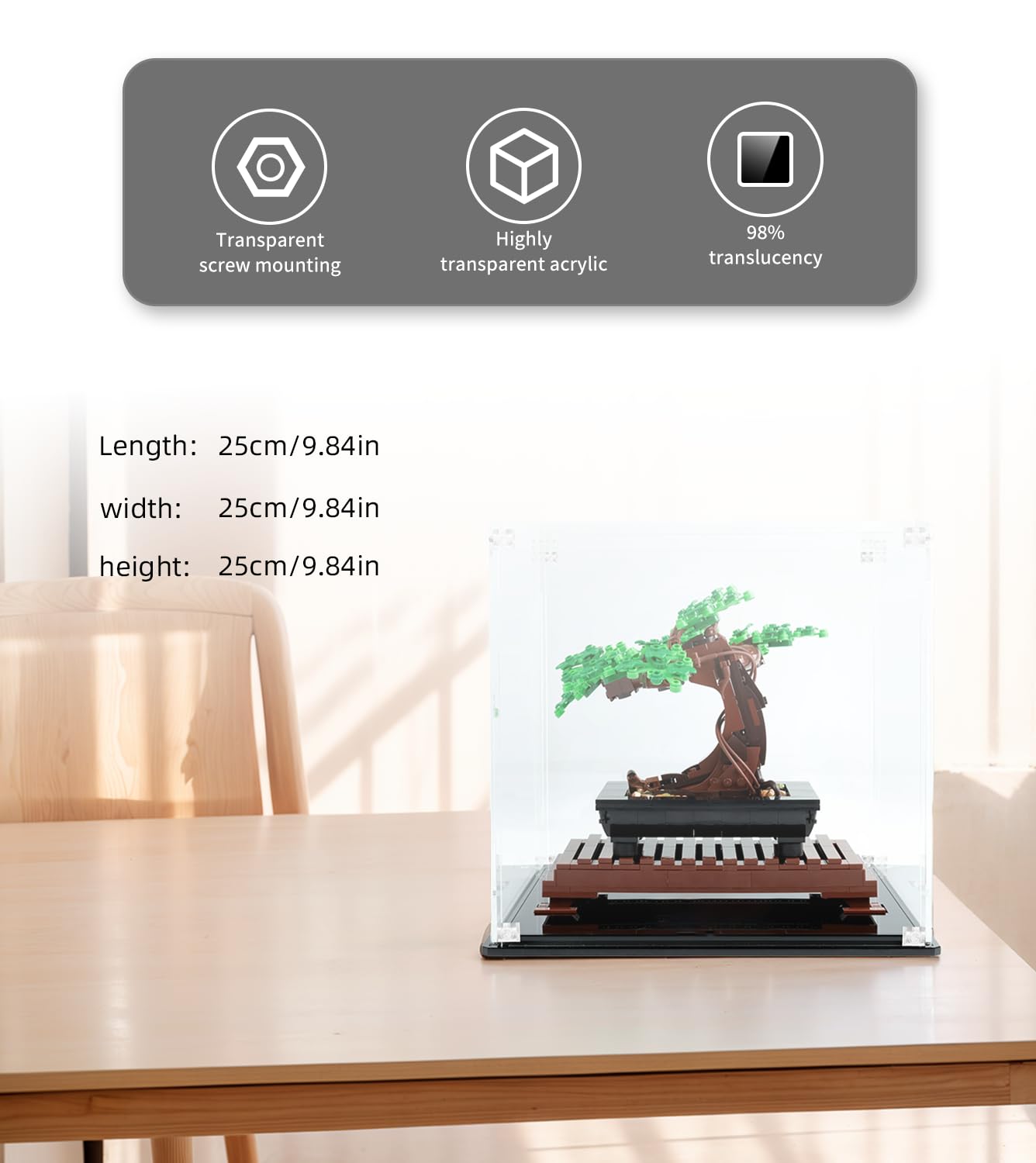 NOVDA Acrylic Display Case for LEGO Icons Bonsai Tree 10281 - Dust-Proof Showcase Box 25x25x25cm (Model Not Included) - Perfect for Home Decoration, Office Display & LEGO Collection Protection