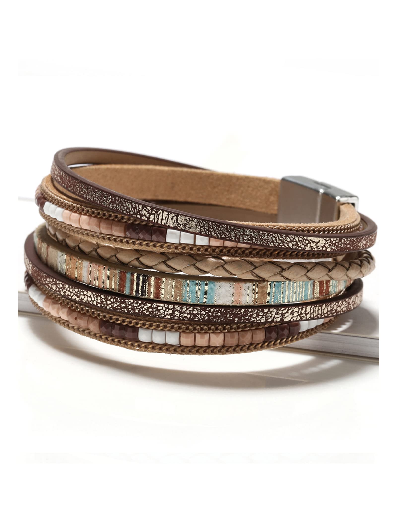 Trendy Blue Leather Wrap Bracelet for Women - Stackable Cuff Bracelet Set, Western Style Multi-Layer Jewelry - Perfect for Casual Wear, Boho Outfits & Layered Accessories